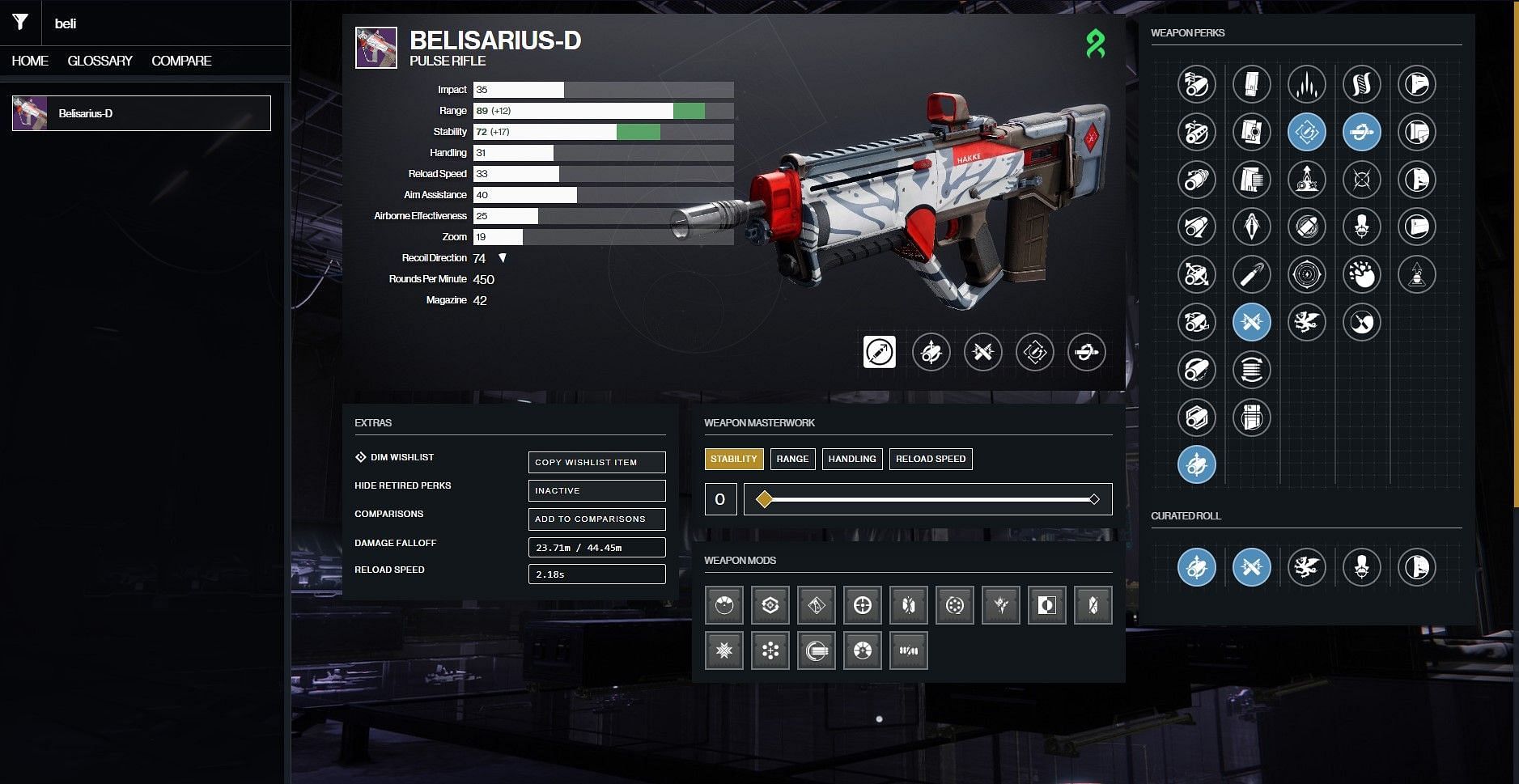 Belisarius-D PvP god roll in Destiny 2 (Image via D2Gunsmith)