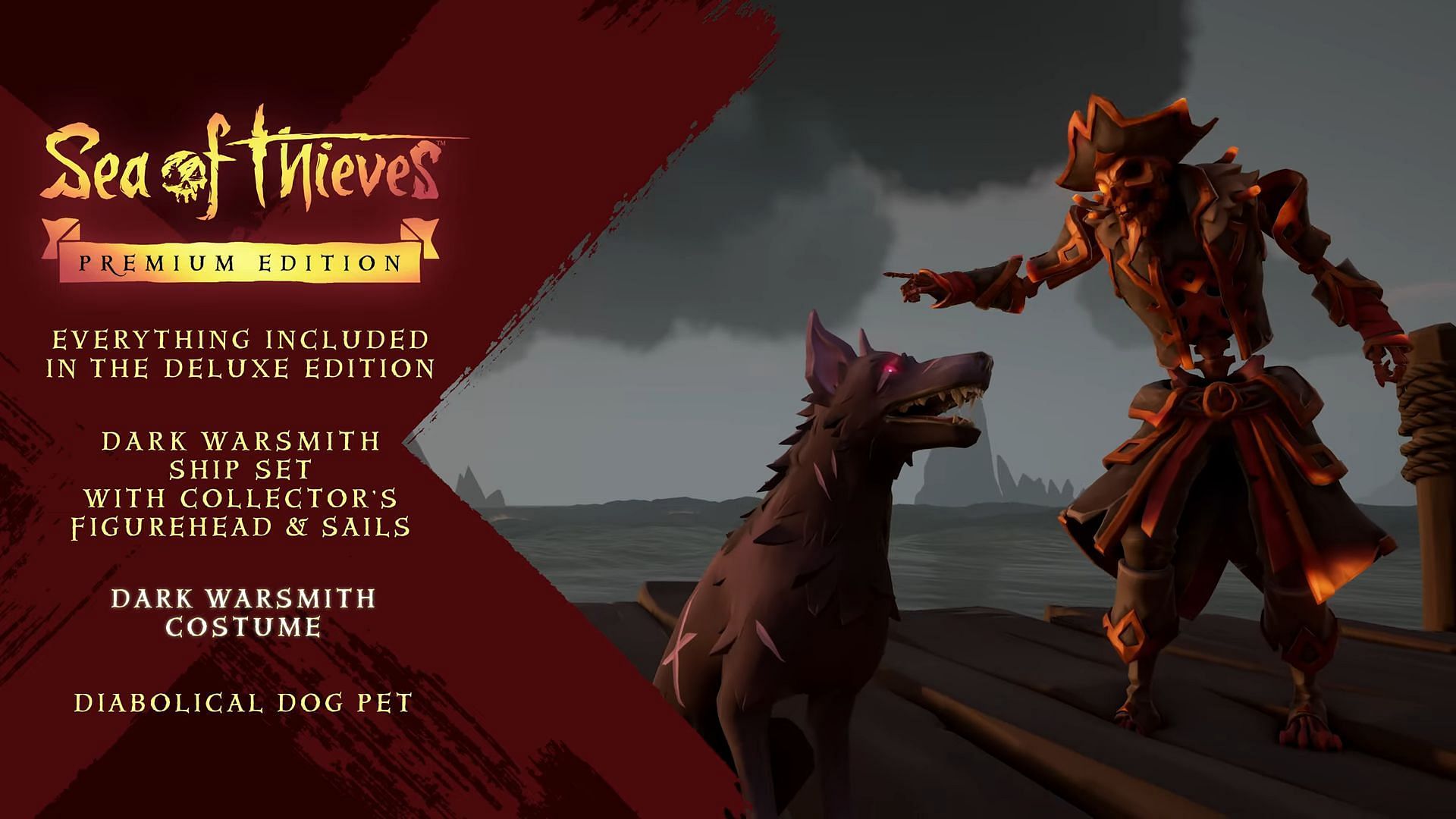 Dark Warsmith Costume and Diabolical Dog Pet in Sea of Thieves Premium Edition (Image via Xbox Game Studios)