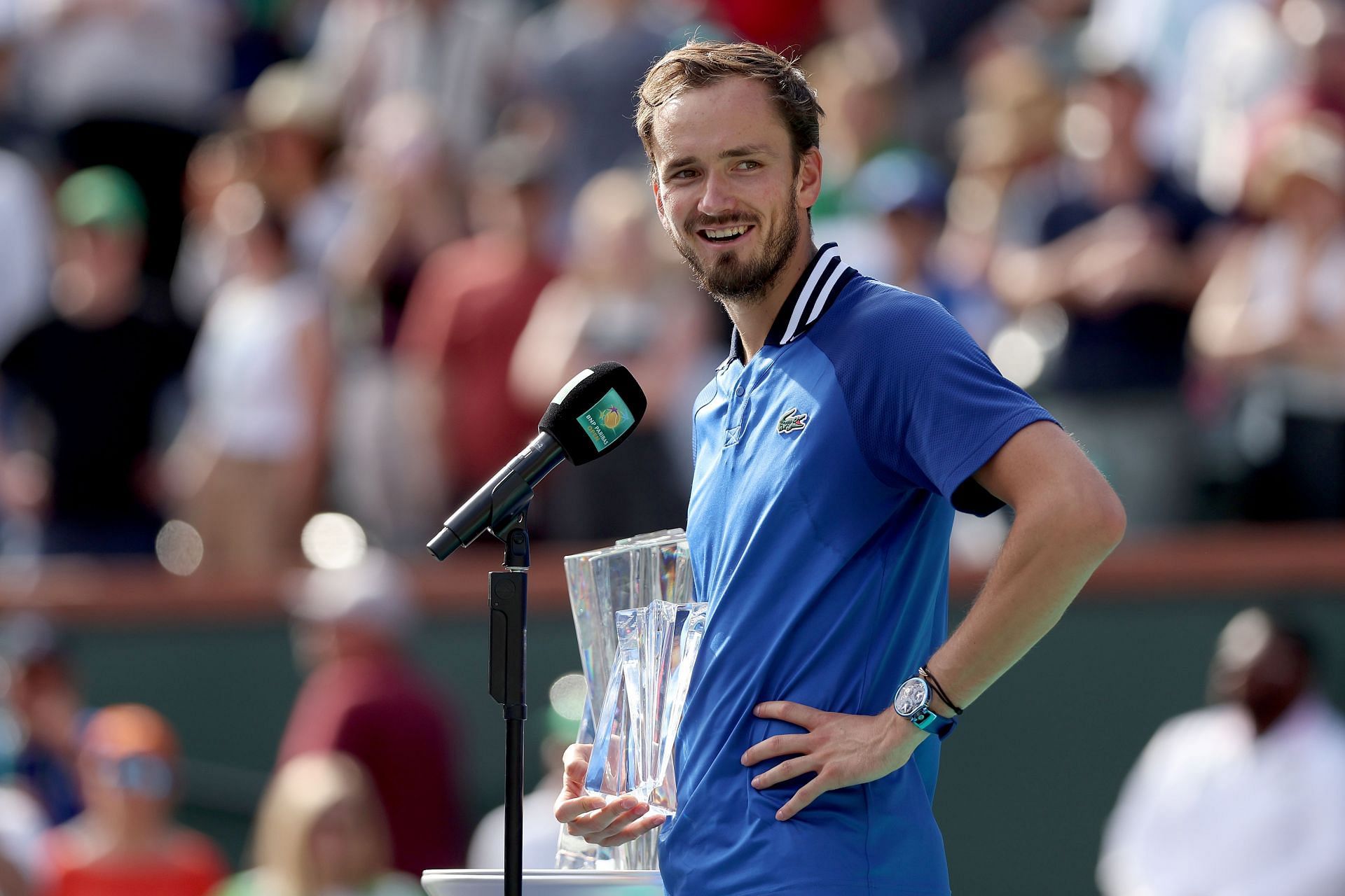 Daniil Medvedev during the presentation ceremony after losing the Indian Wells final to Carlos Alcaraz