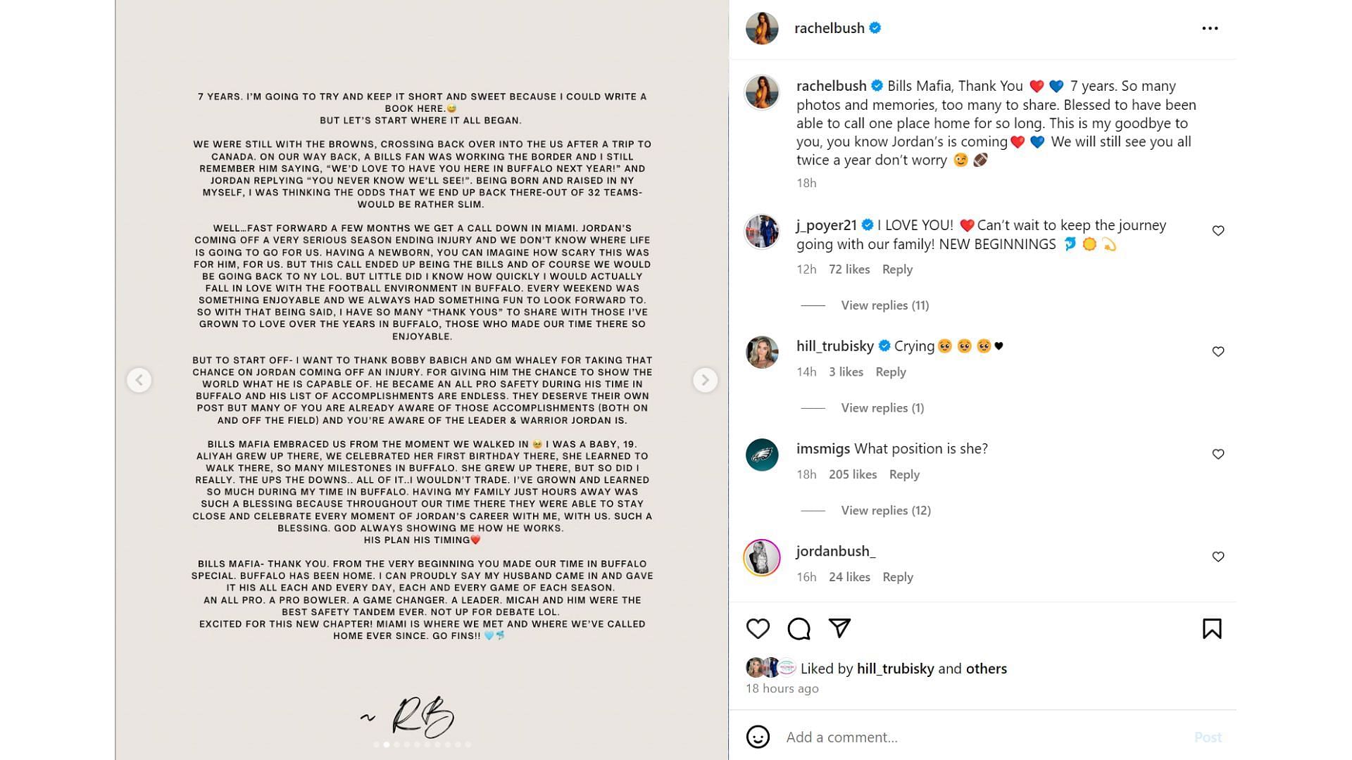 Rachel Bush posts emotional letter for Bills family after Jordan Poyer's move