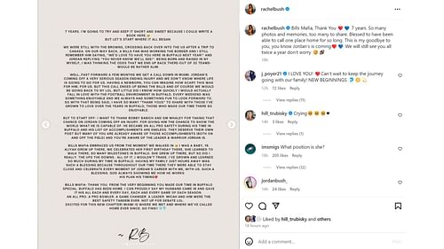 Rachel Bush posts emotional letter for Bills family after Jordan Poyer's move