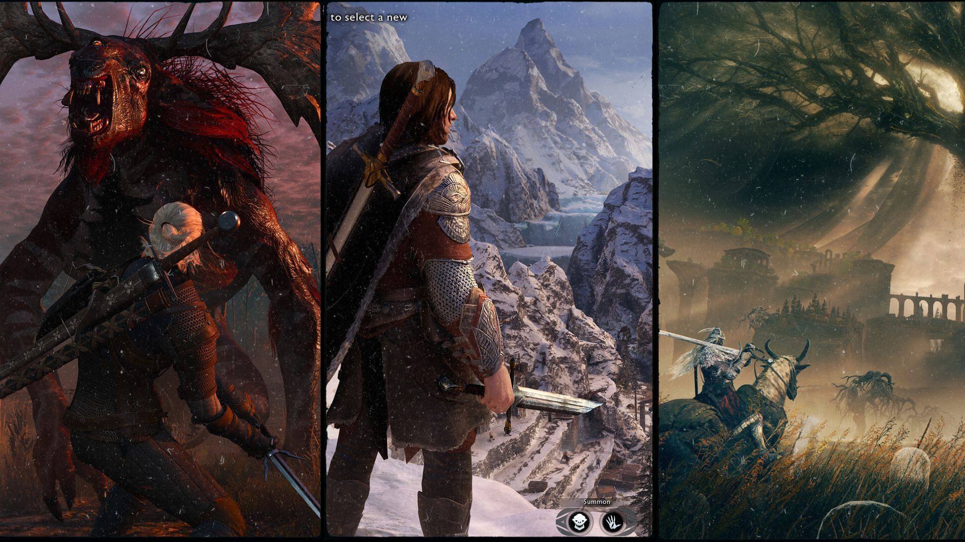 Screenshots from Witcher 3, Elden Ring and Shadow of War