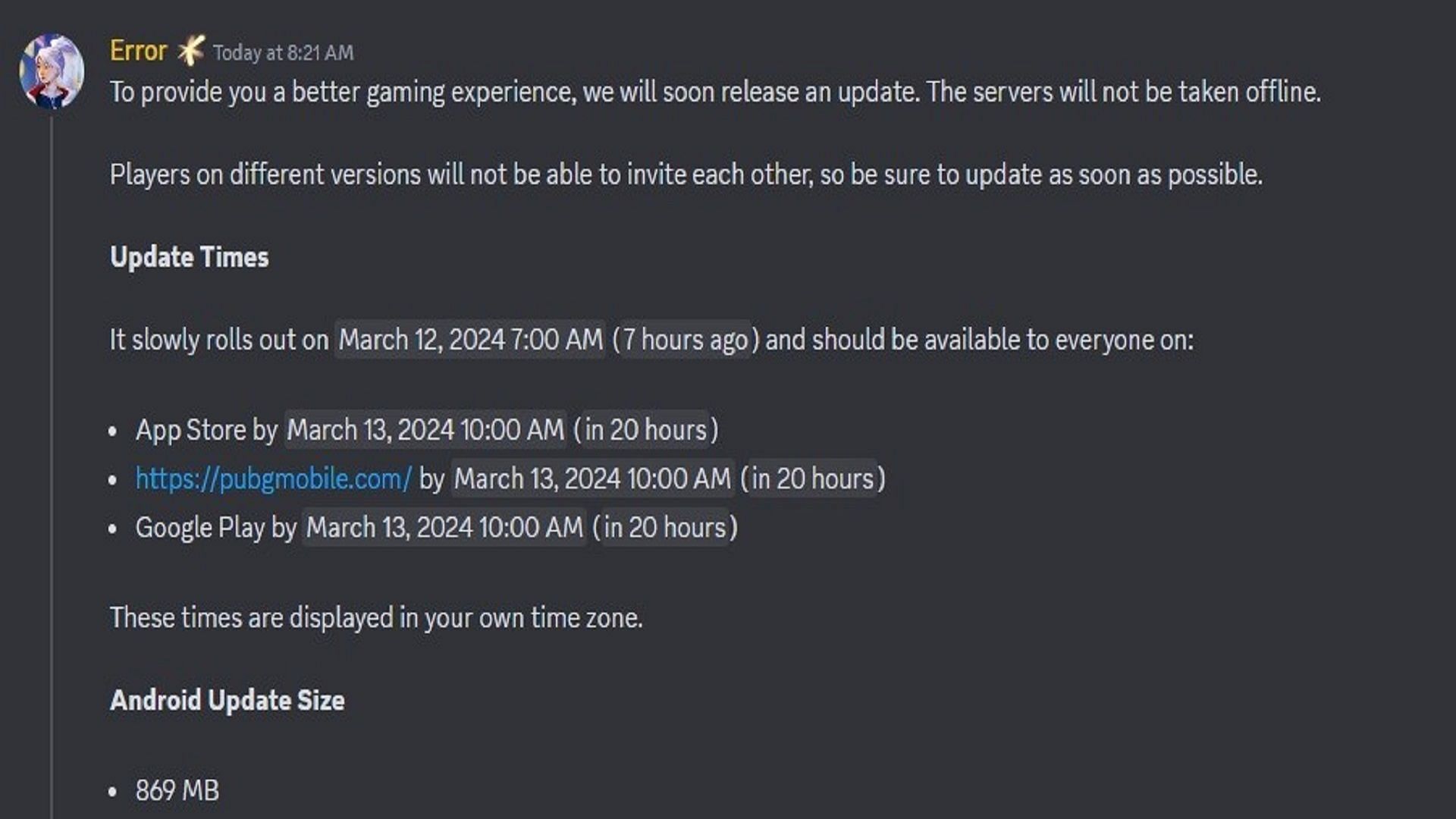 The APK file will be made available by March 13, 10:00 AM UTC (Image via PUBG Mobile / Discord)