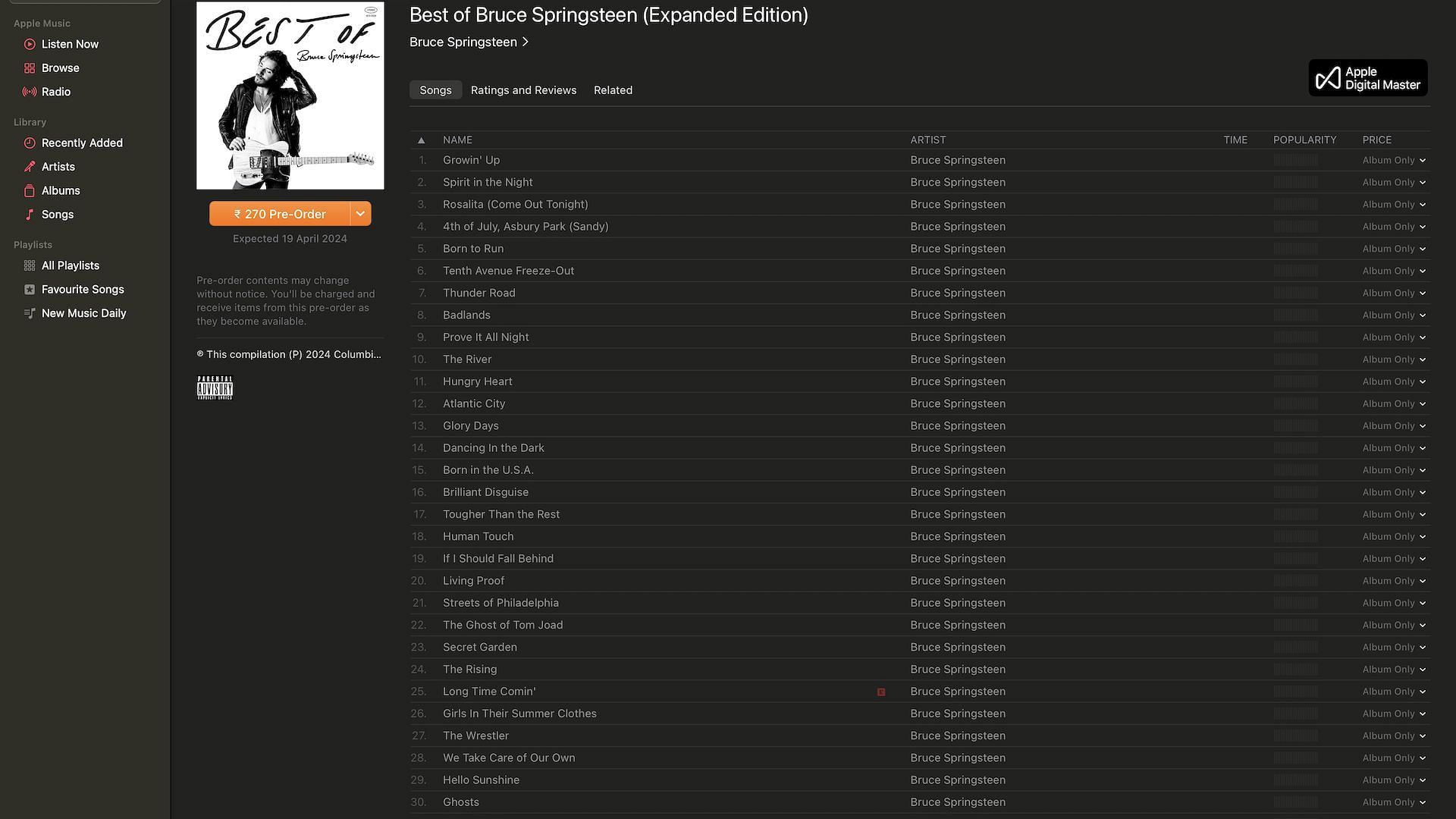 Screenshot of Bruce&#039;s 31-track digital album &#039;pre-order&#039; tracklist taken from iTunes store (Image via Apple Music)
