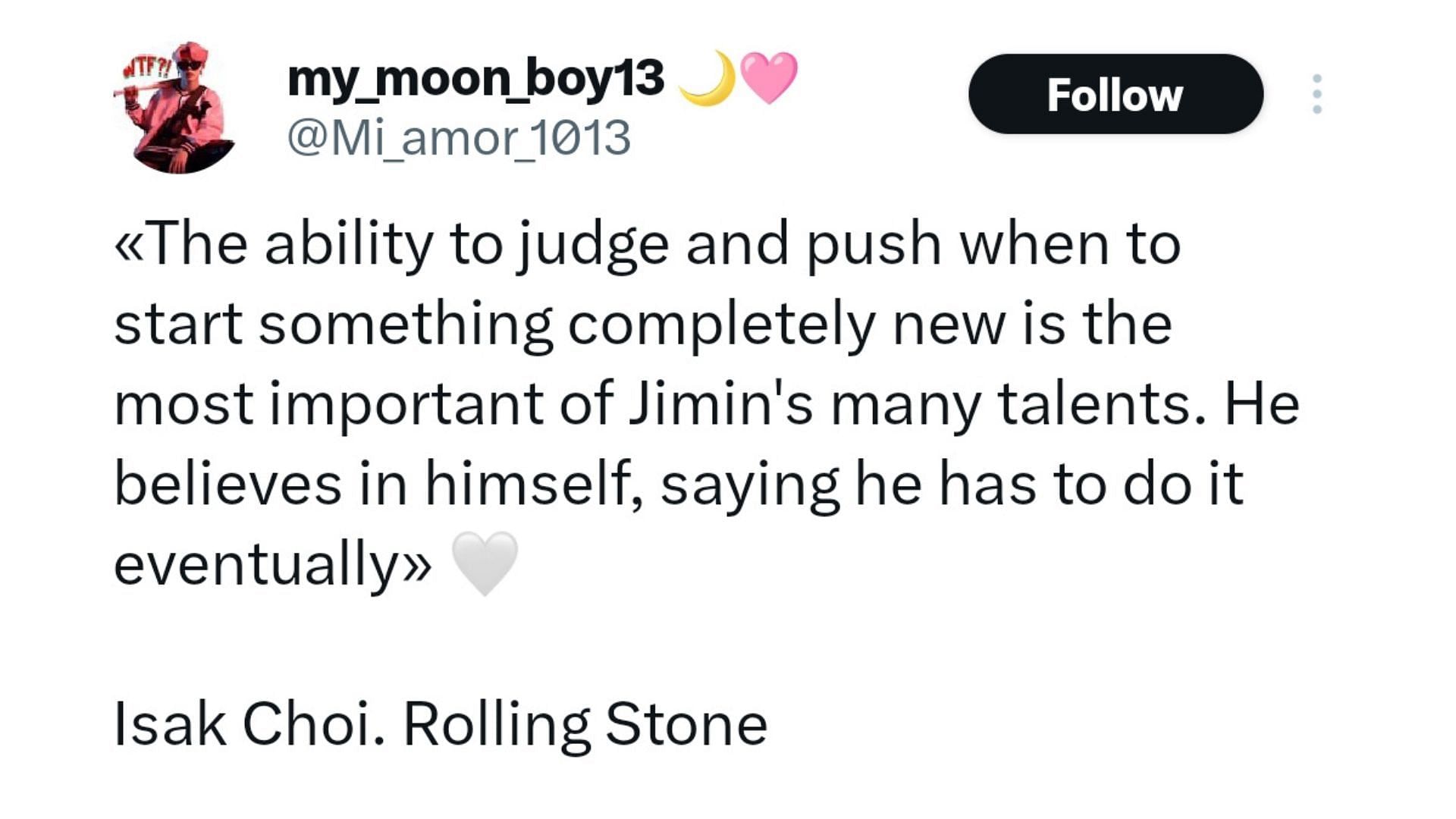 Isak Choi&#039;s review of Jimin&#039;s album FACE on its first anniversary (Image Via X/@mi_amor_1013)