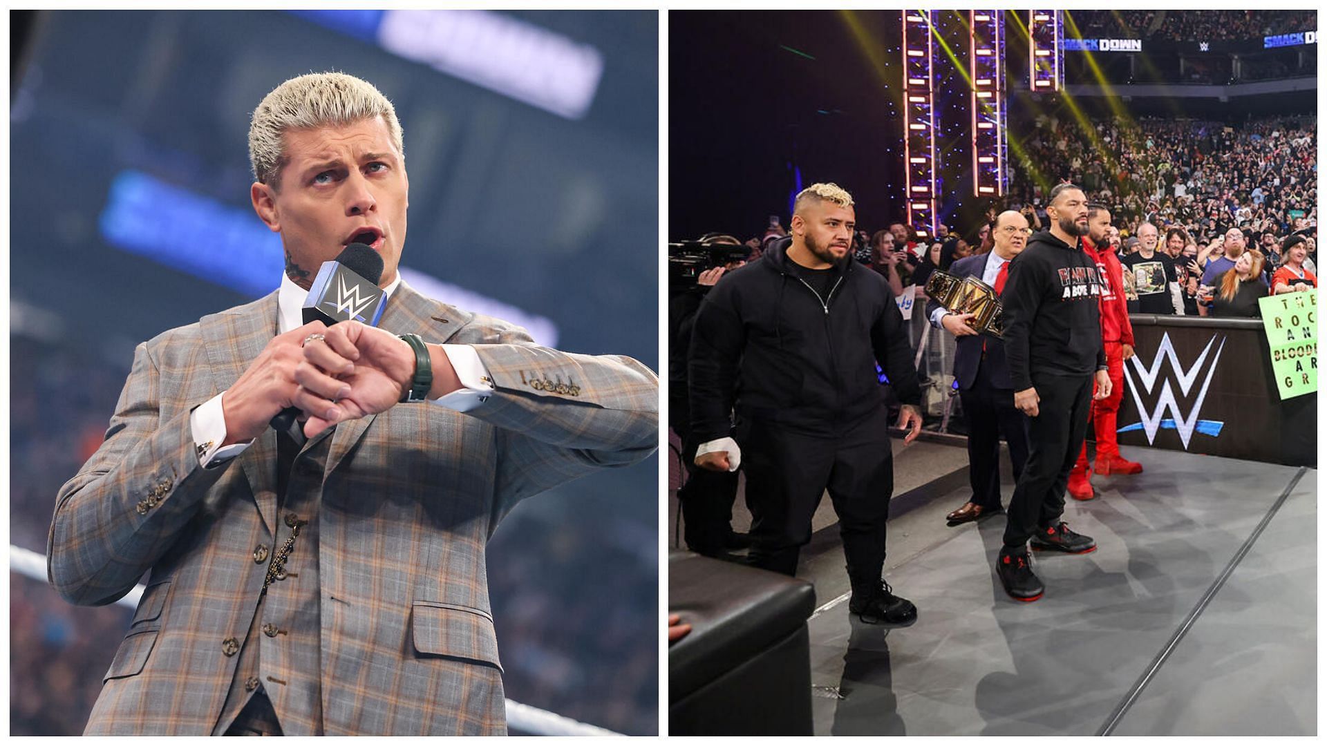 Cody Rhodes (left) and The Bloodline (right).