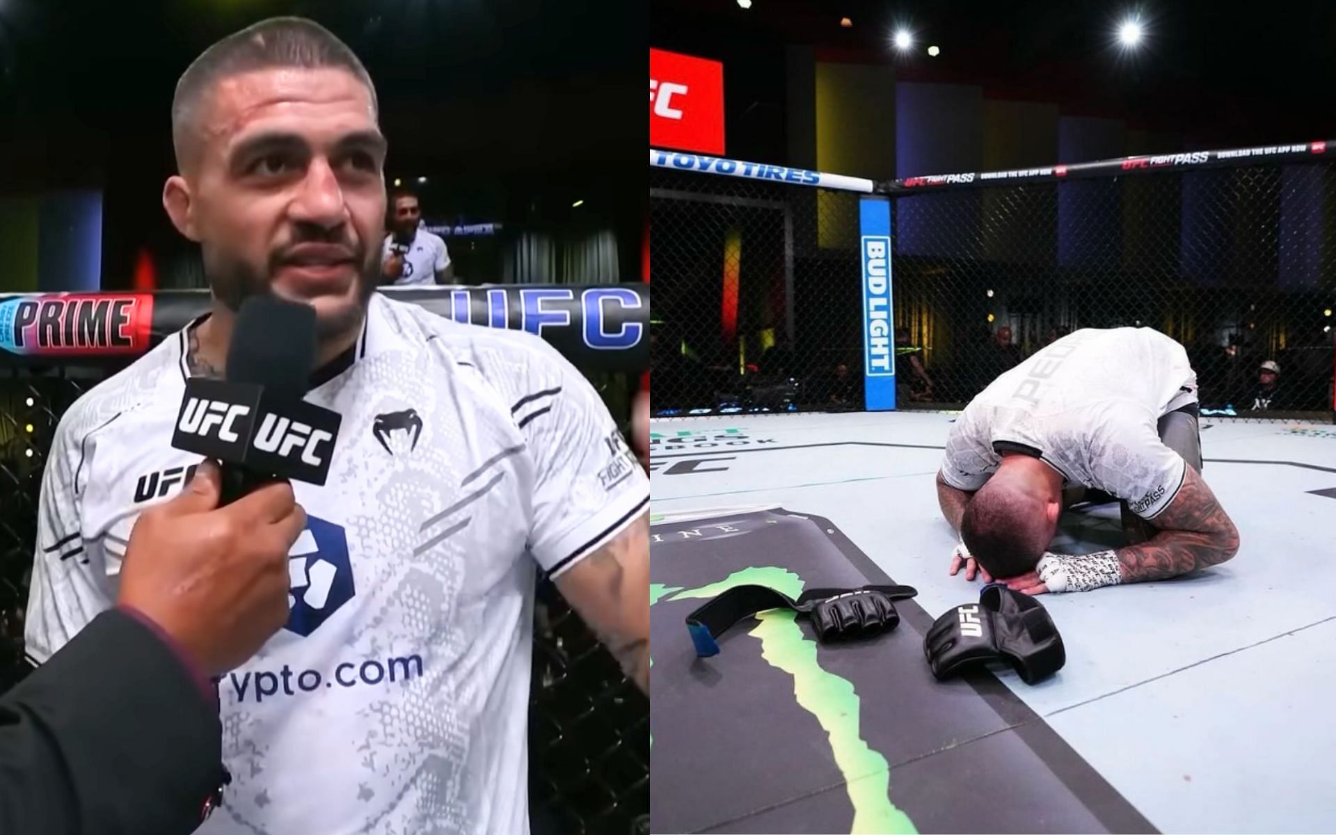 Tyson Pedro (left) says he may have to &quot;rob someone in the car park&quot; after announcing his retirement (right) at UFC Vegas 87 [Images Courtesy: @ufc on YouTube and @tyson_pedro on Instagram]
