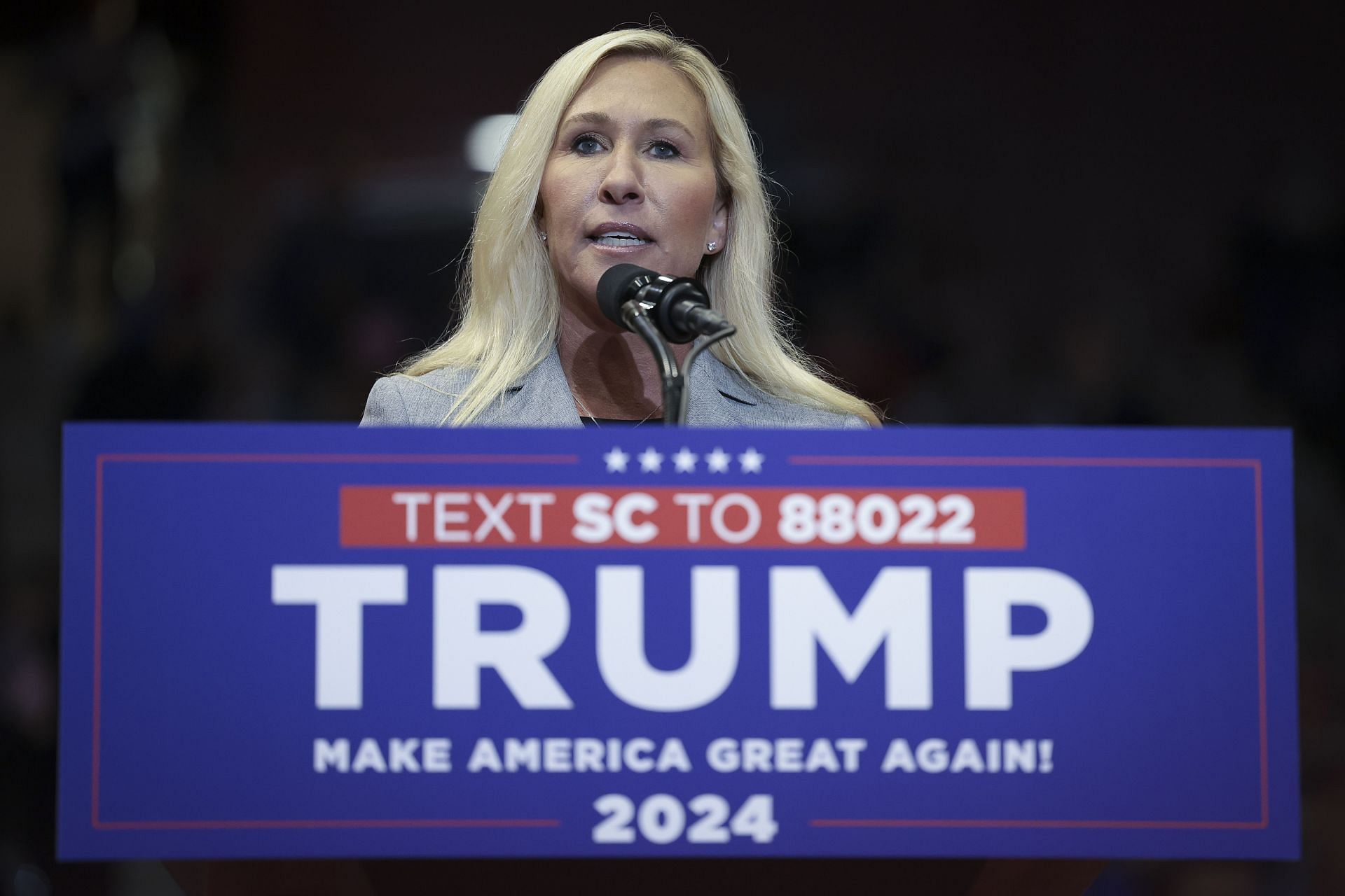 Rep. Greene addresses the crowd before former President Donald Trump speaks at a rally at Winthrop University on February 23 (Image via Getty)