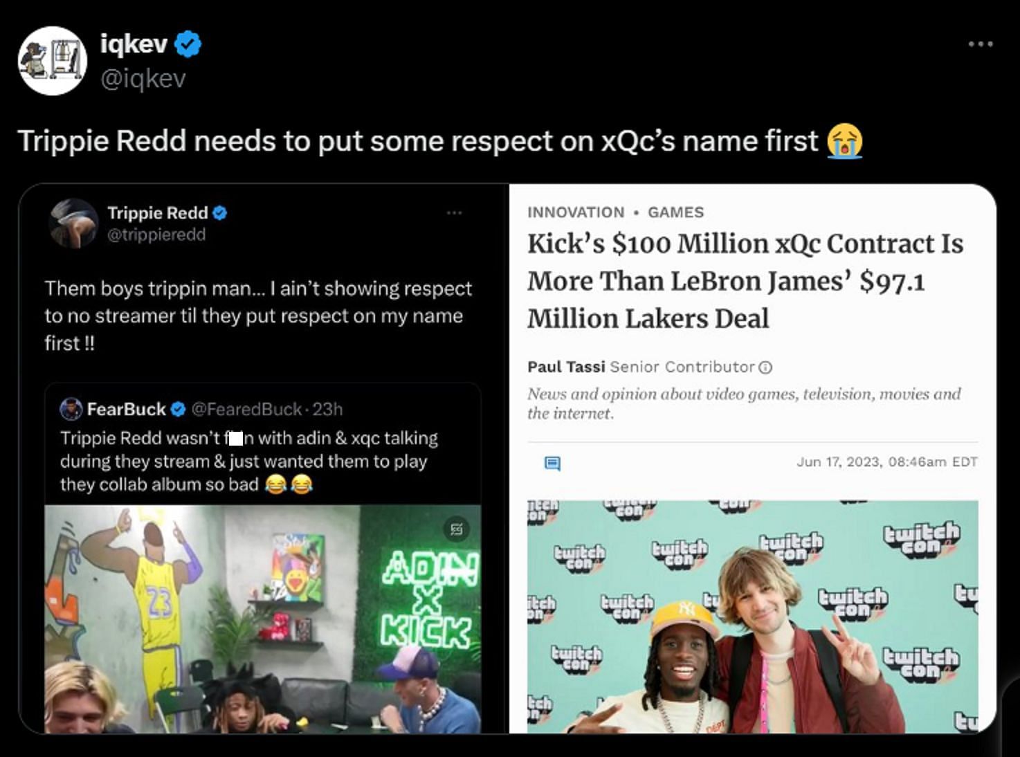 xQc fan page calls out Trippie Redd (Image via X)