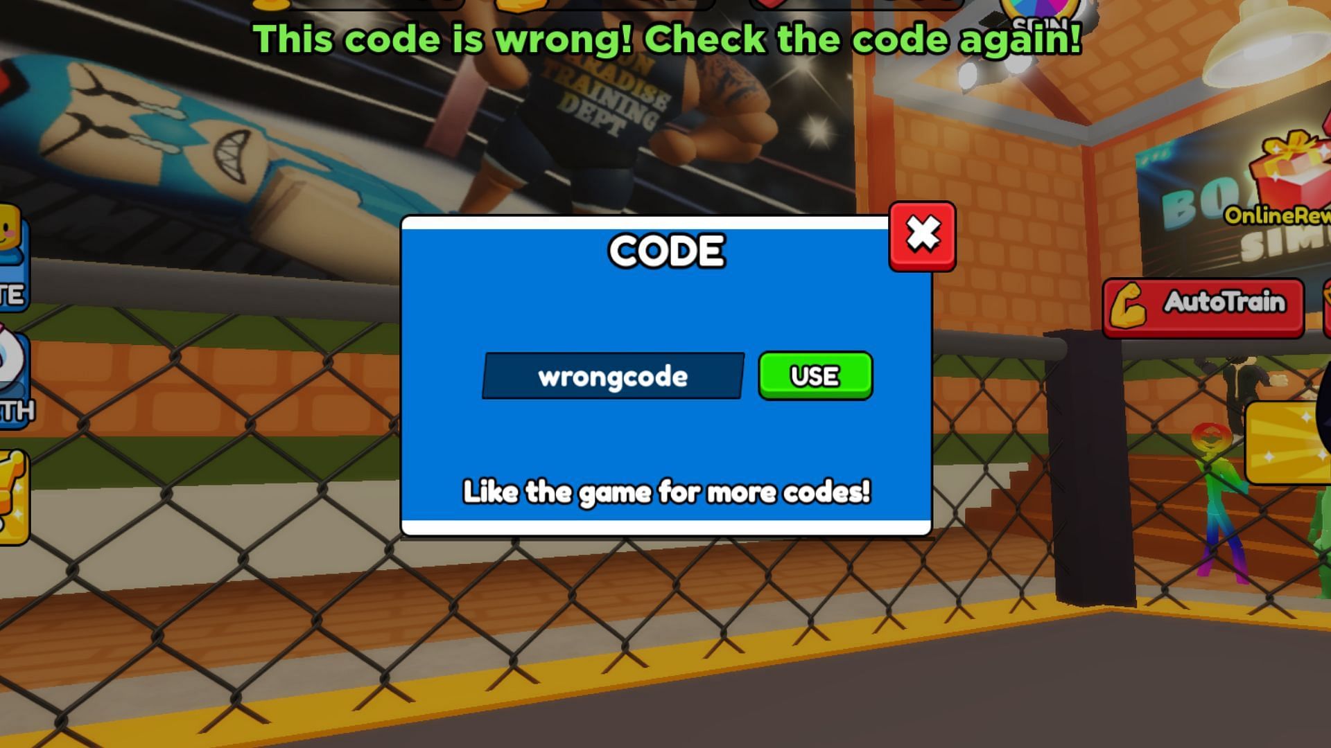 This code is wrong! Check the code again! error message. (Image via Roblox || Sportskeeda)