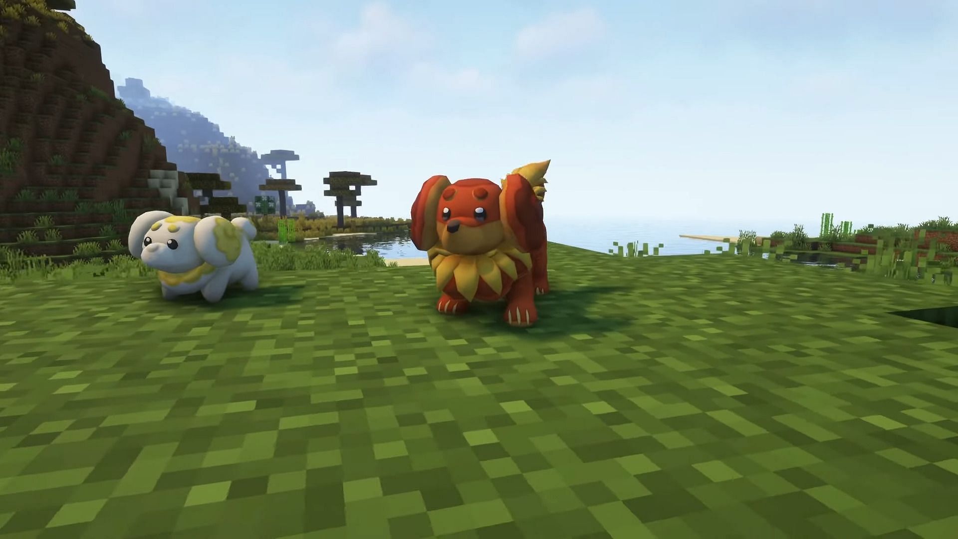 Fidough and Dachsbun in the Pixelmon mod for Minecraft (Image via PixelSnax/YouTube)