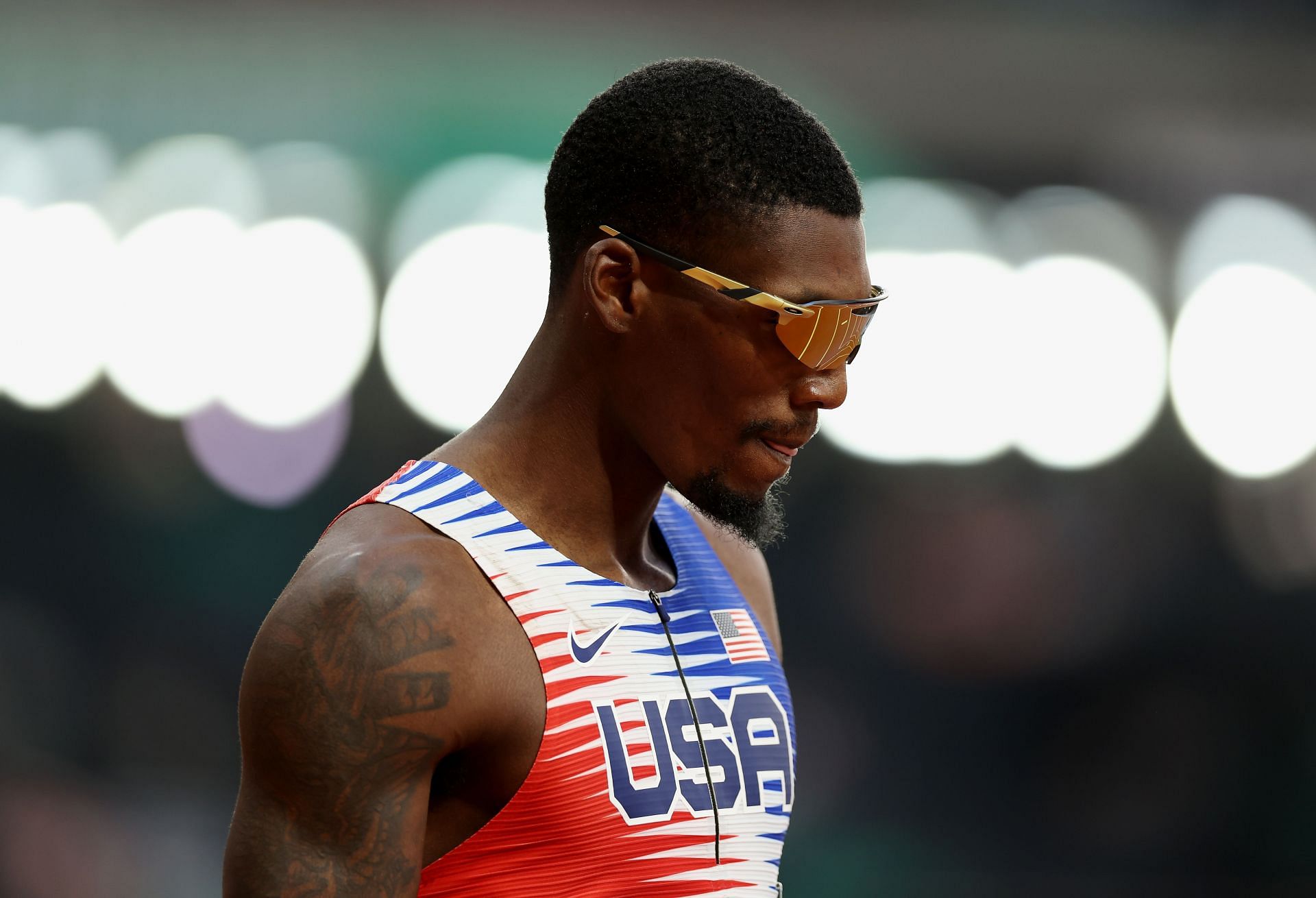 Fred Kerley of Team United States looks on after the Men&#039;s 4x100m Relay Heats during day seven of the World Athletics Championships Budapest 2023 at National Athletics Centre on August 25, 2023, in Budapest, Hungary.