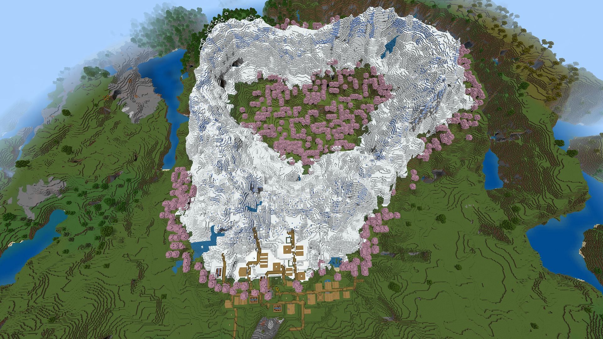 This heart-shaped cherry blossom grove has a few extra upsides in Minecraft (Image via Mojang)
