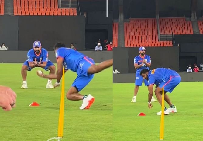 [Watch] Rohit Sharma applauds Jasprit Bumrah's acrobatic catch during MI practice session ahead of IPL 2024
