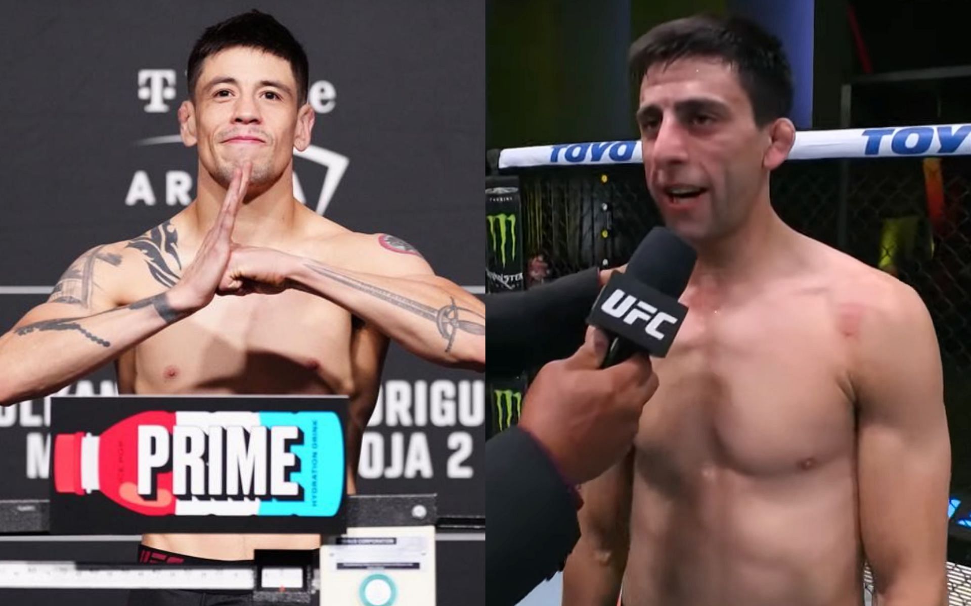 Steve Erceg (right) digs deeper into his callout of Brandon Moreno (left) following UFC Vegas 87 [Images Courtesy: @ufc on YouTube and @theassassinbaby on Instagram]