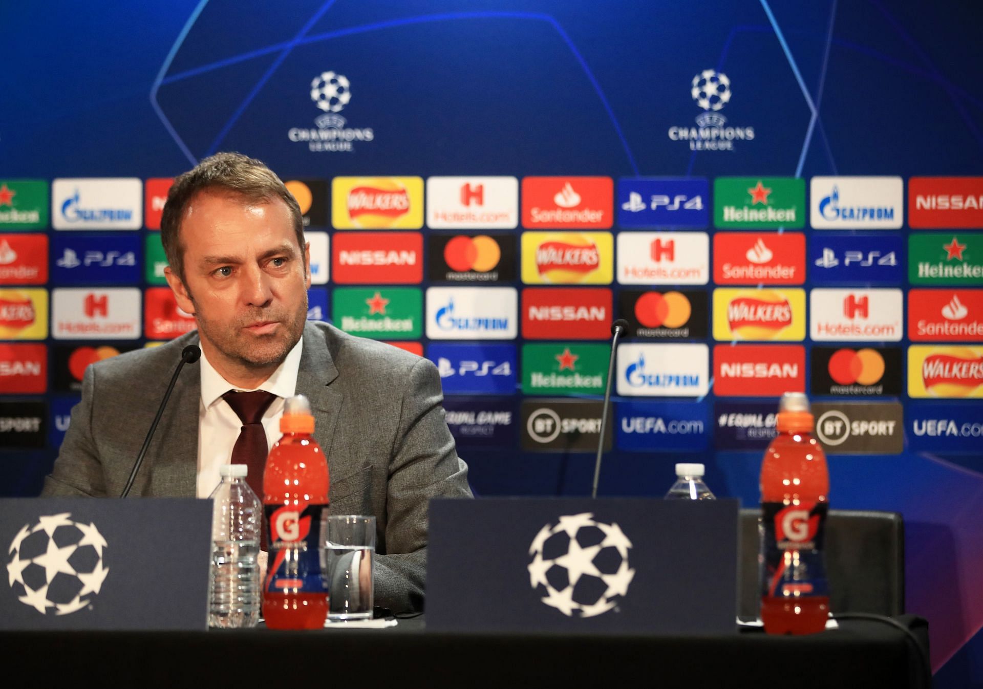 Hansi Flick at a press conference ahead of Bayern Munich&#039;s UEFA Champions League Round of 16 second-leg match against the Blues