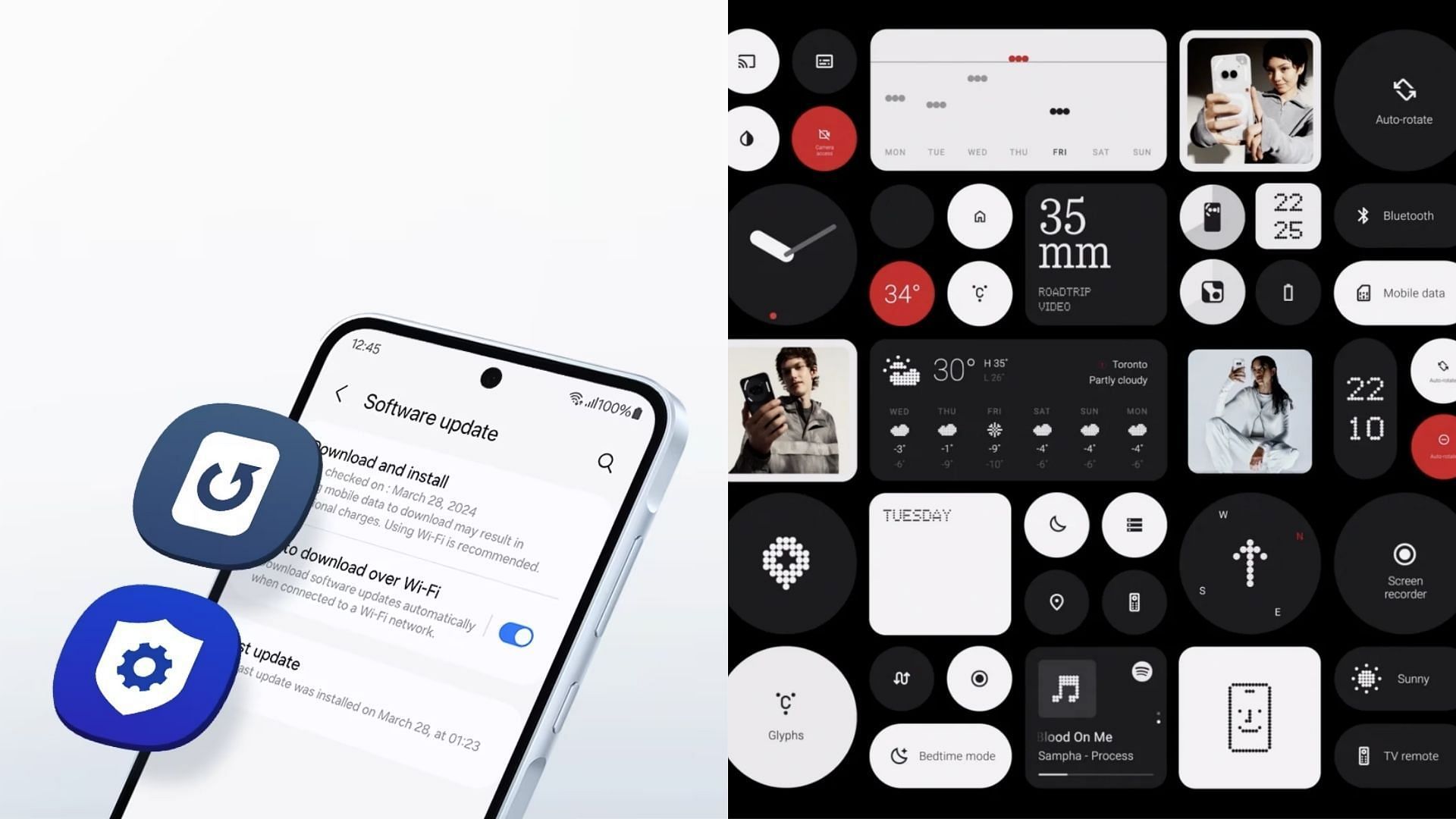 While Samsung&#039;s One UI is robust and feature-rich, Nothing OS offers a minimal design and all the necessary features. (Image via Samsung/Nothing)