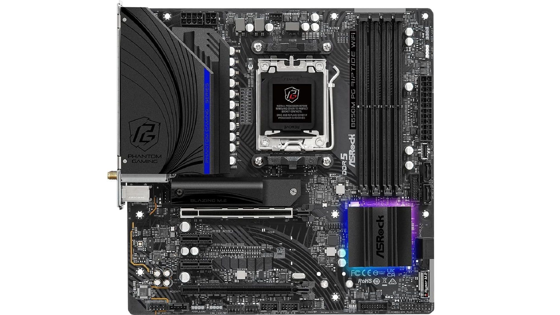 ASRock B650M PG Riptide WiFi Motherboard with RGB effects (Image via Amazon)