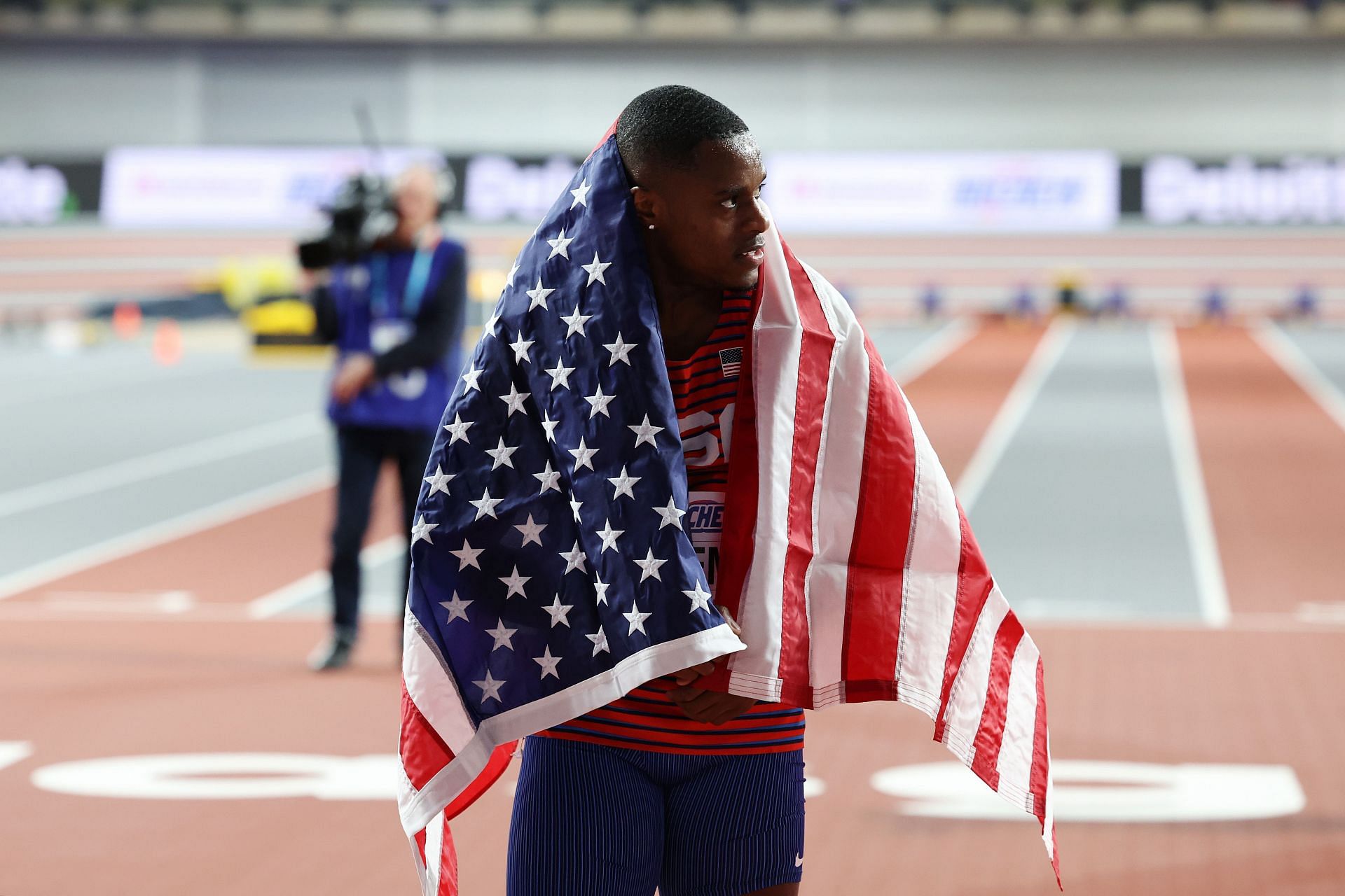 Christian Coleman of Team United States looks on after competing in the Men&#039;s 60 Metres Final at the World Athletics Indoor Championships at Emirates Arena in Glasgow, Scotland.