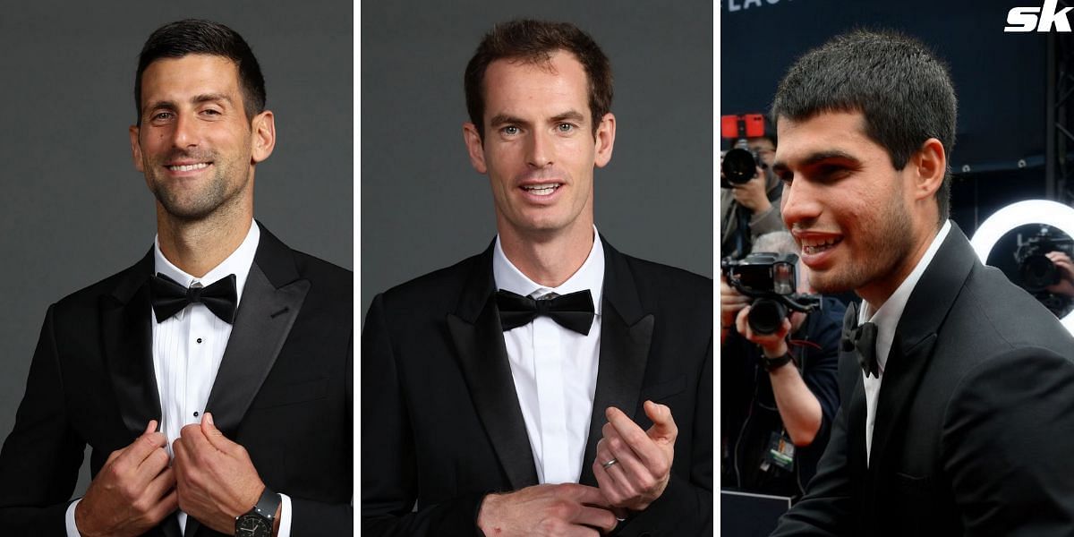 Novak Djokovic (L), Andy Murray and Carlos Alcaraz (R)