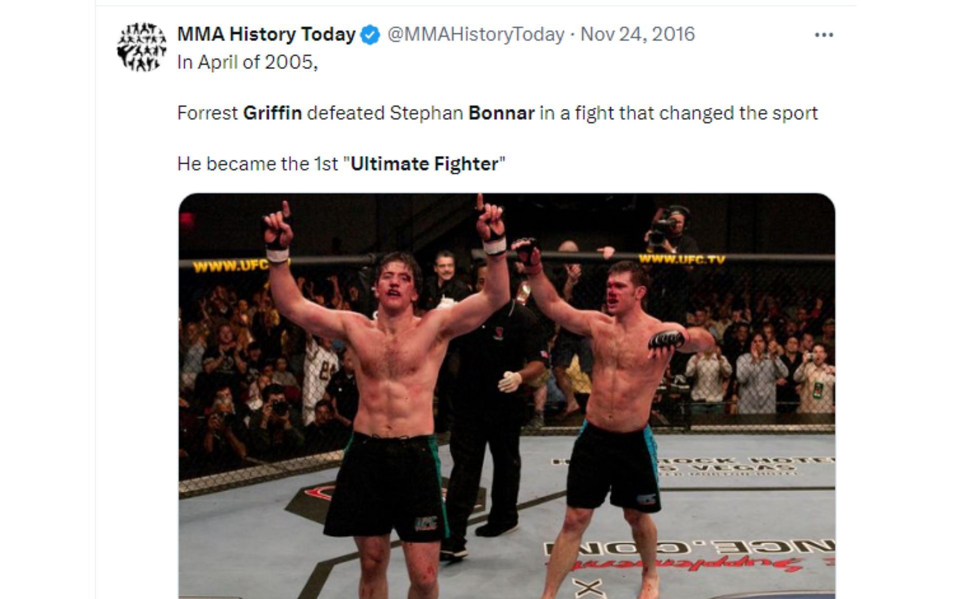 Tweet regarding Griffin vs. Bonnar [Image courtesy: @MMAHistoryToday - X]