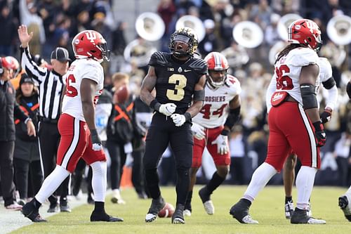 Tyrone Tracy Jr. #3 of the Purdue Boilermakers reacts after a first down during the second half in the game against the Indiana Hoosiers