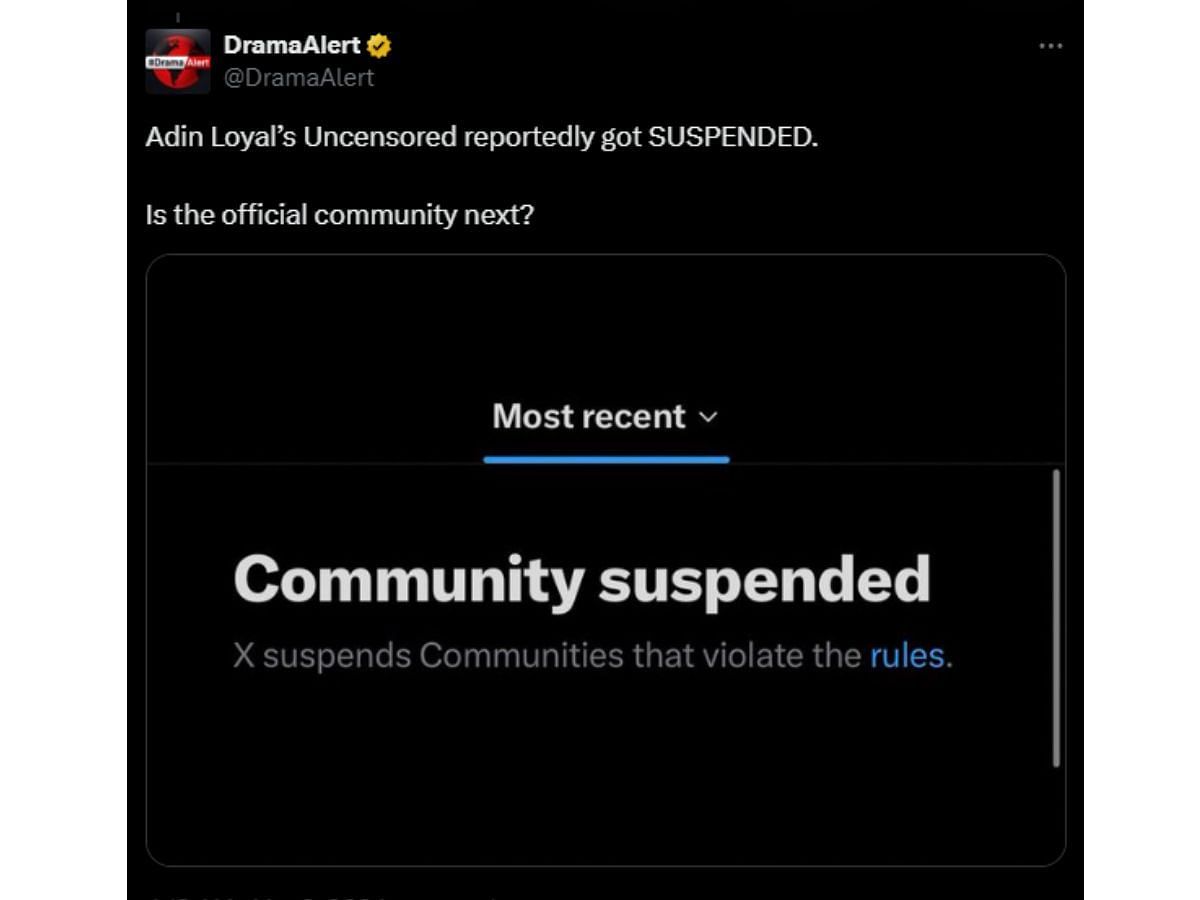 One of Adin&#039;s communities on X was suspended (Image via X)