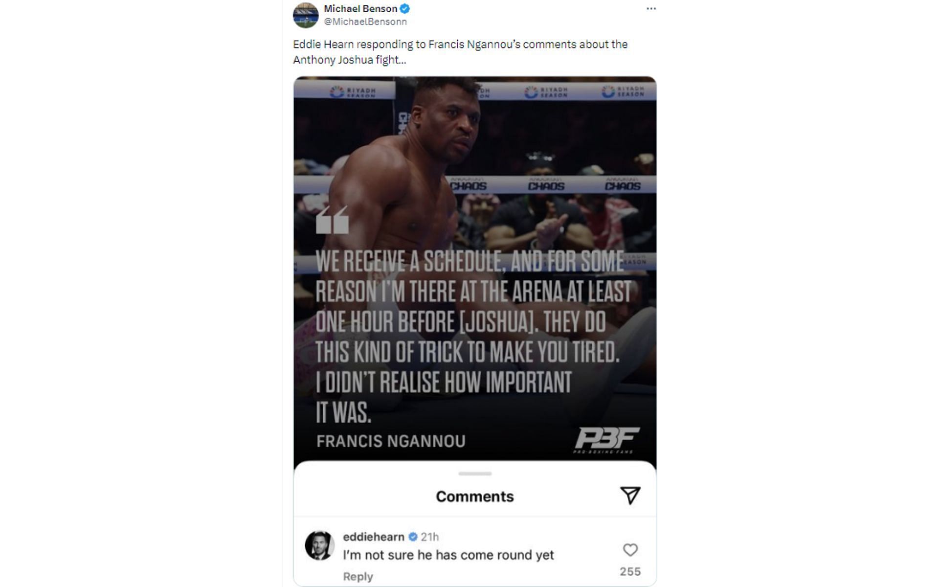 Tweet regarding Ngannou&#039;s claim and Hearn&#039;s response [Image courtesy: @MichaelBensonn - X]