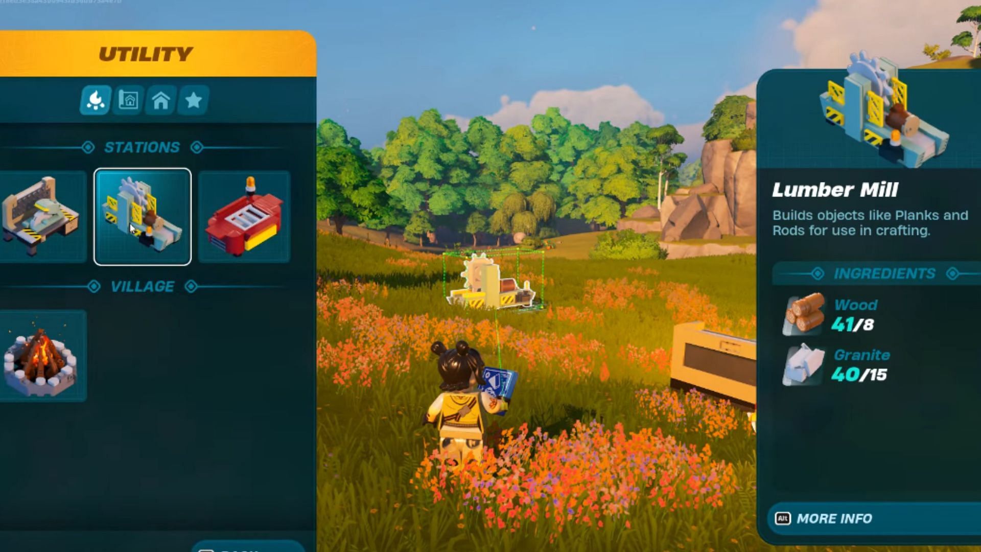 With the help of Lumber Mlll, you can craft Wooden Rods in LEGO Fortnite (Image via YouTube/ WoW Quests)