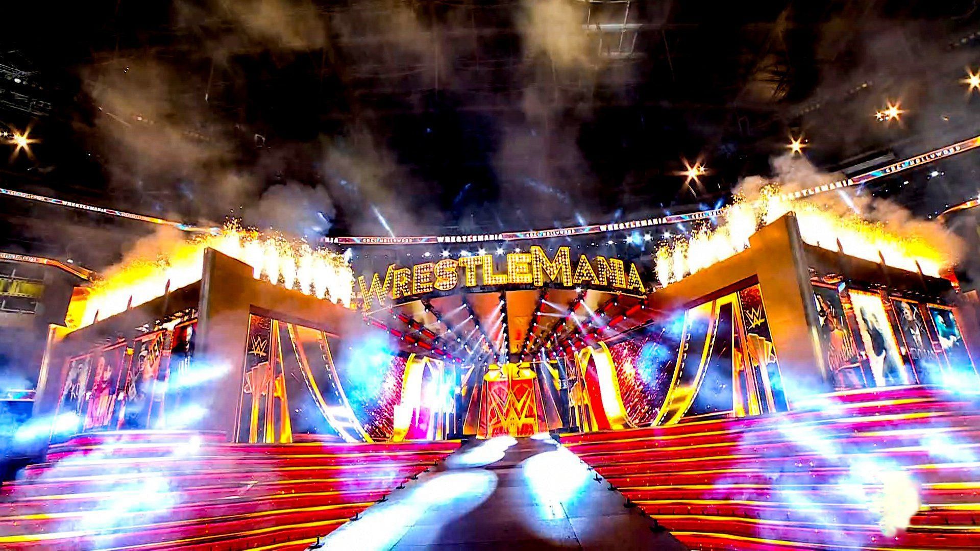The WWE WrestleMania 39 stage at So-Fi Stadium in Hollywood