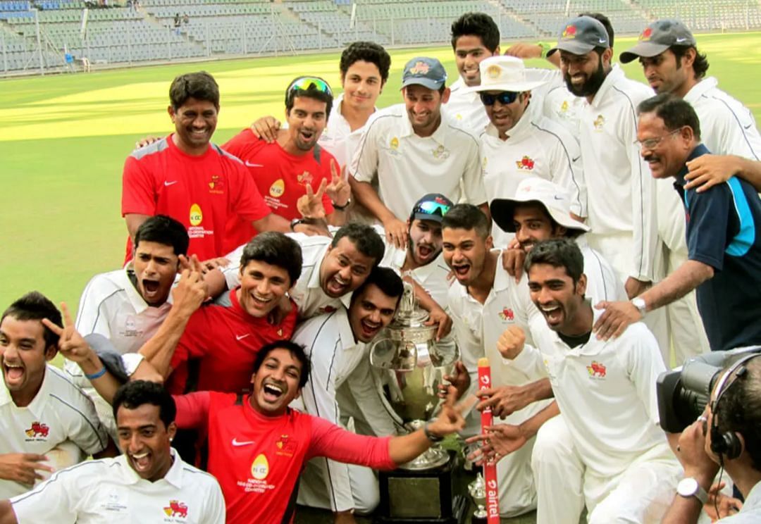 Mumbai team winning the 2012-13 Ranji Trophy