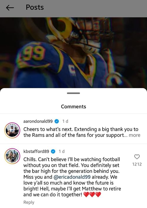 Kelly Stafford's message to Aaron Donald on his retirement.