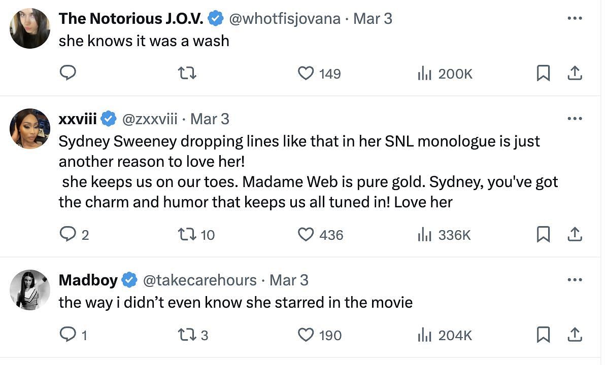 Internet users&#039; reactions explored as Sydney makes fun of her movie, Madame Web as she promotes her upcoming movie on SNL. (Image via @PopBase/ X)