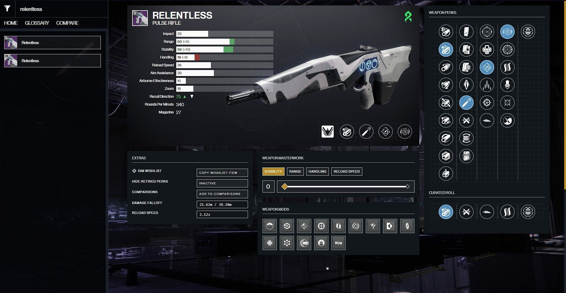 Relentless Pulse Rifle PvP god roll (Image via D2Gunsmith)