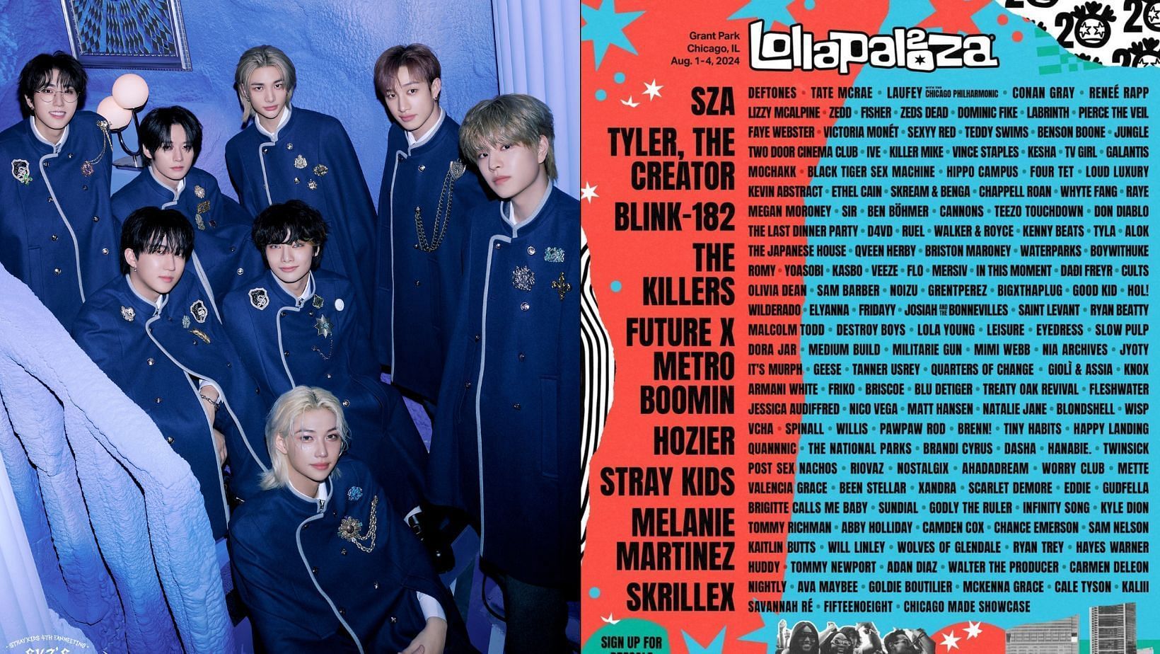Stray Kids becomes the first K-Pop act to headline Lollapalooza 2024 in two different countries. (Images via X/@Stray_Kids &amp; Instagram/@lollapalooza)