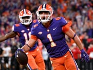 Will Shipley #1 of the Clemson Tigers reacts after scoring a touchdown against the Louisville Cardinals