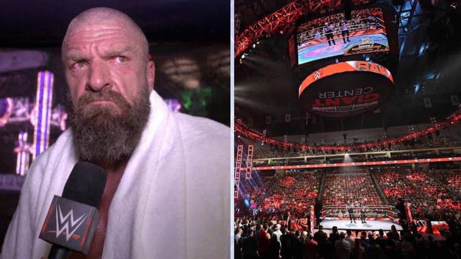 WWE COO Triple H (left) and RAW stage (right)