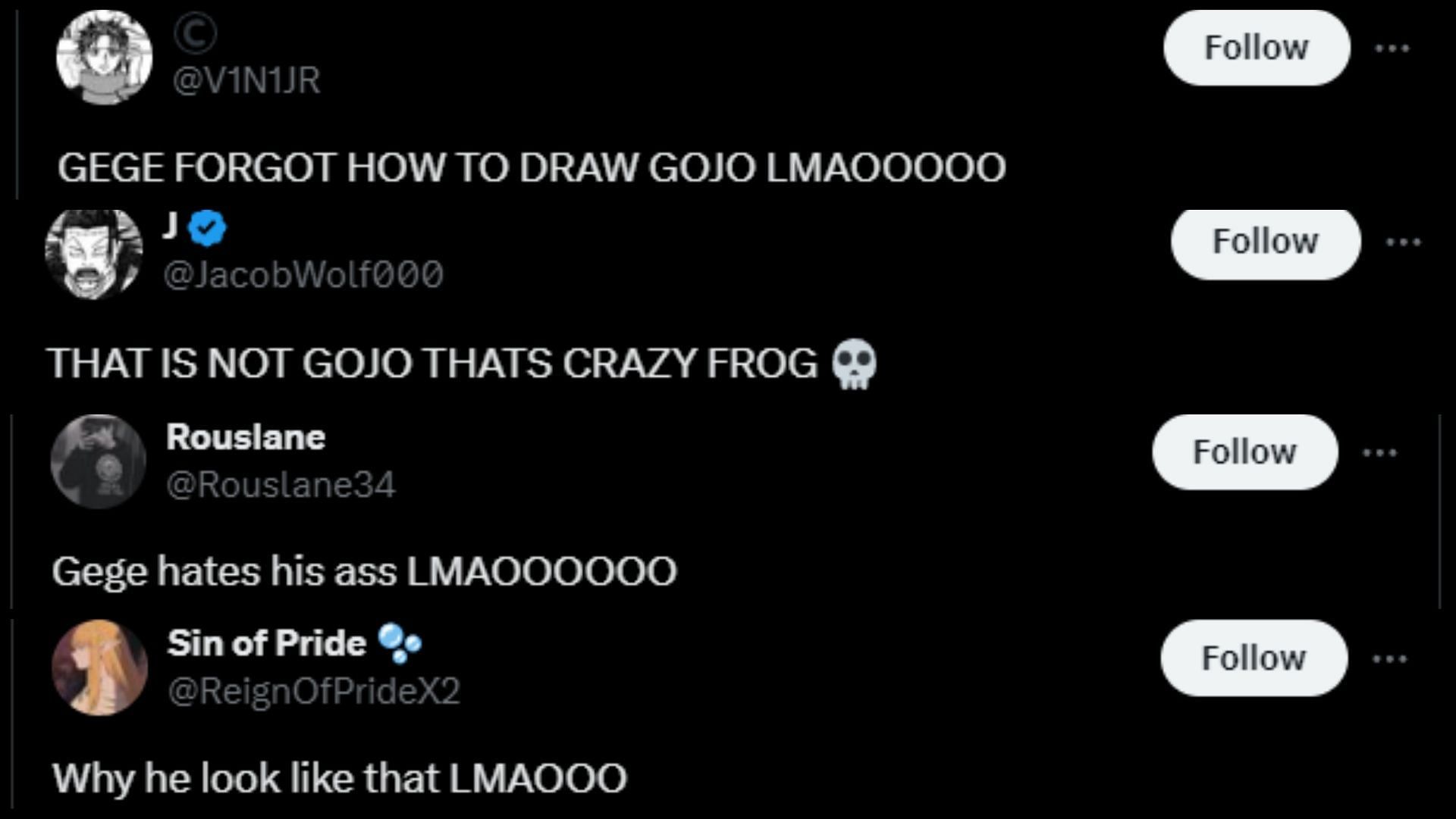 Fan reactions to the latest drawing of Satoru Gojo on the Jujutsu Kaisen volume 26 cover (Images via X users @VINIJR, @Rouslane34, @JacobWolf&Oslash;&Oslash;&Oslash;, @ReignOfPrideX2)