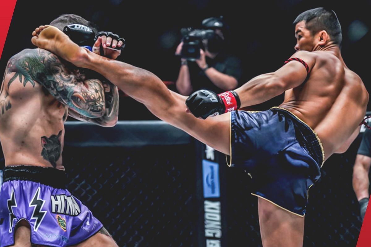 Liam Harrison (left) receives a big kick from Nong-O [Photo via: ONE Championship]