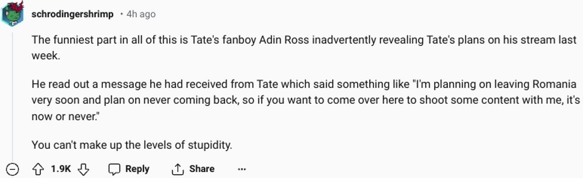 Reddit user slams Adin Ross after Tate brothers&#039; arrest (Image via Reddit/@schrodingershrimp)