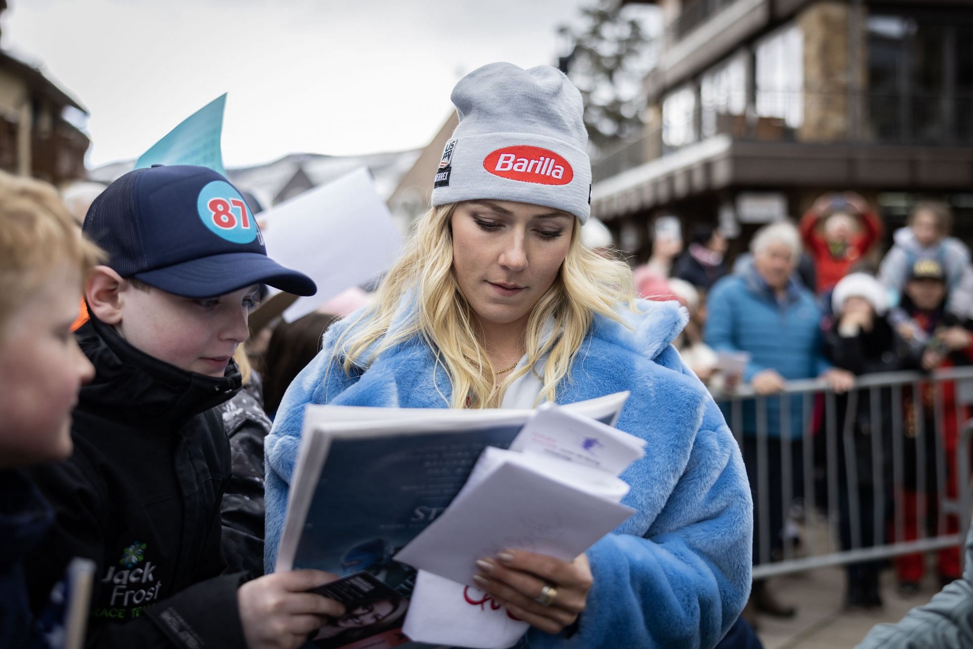 Mikaela Shiffrin signs autographs during a celebration of her record-breaking 87th and 88th Alpine Ski World Cup victories at Solaris Plaza on April 2, 2023 in Vail, Colorado. Shiffrin is now the most decorated ski racer of all time. (Photo by Chet Strange/Getty Images)