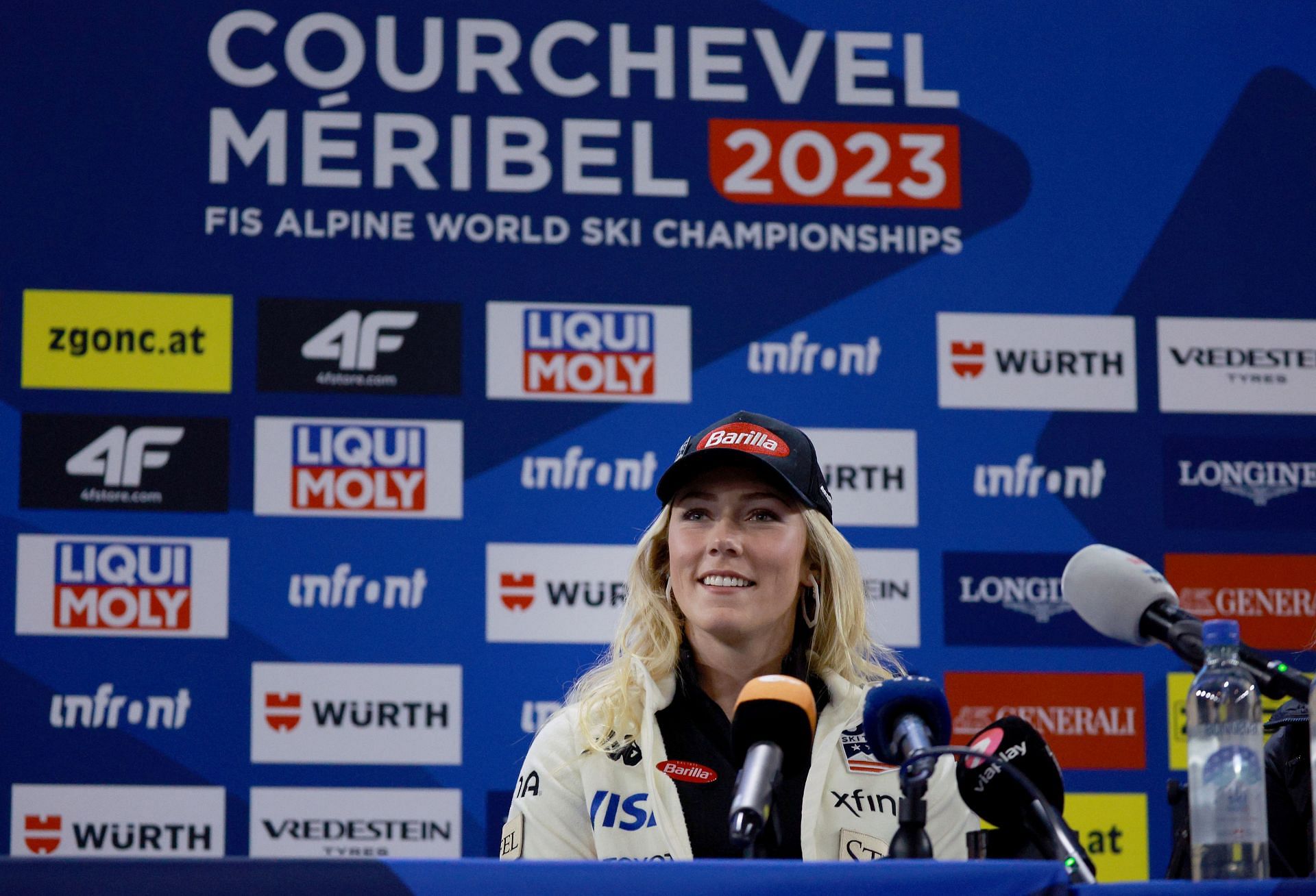 Mikaela Shiffrin of Team United States talks with members of the media during a press conference prior to the start of the FIS Alpine World Ski Championships on February 04, 2023 in Meribel, France. (Photo by Tom Pennington/Getty Images