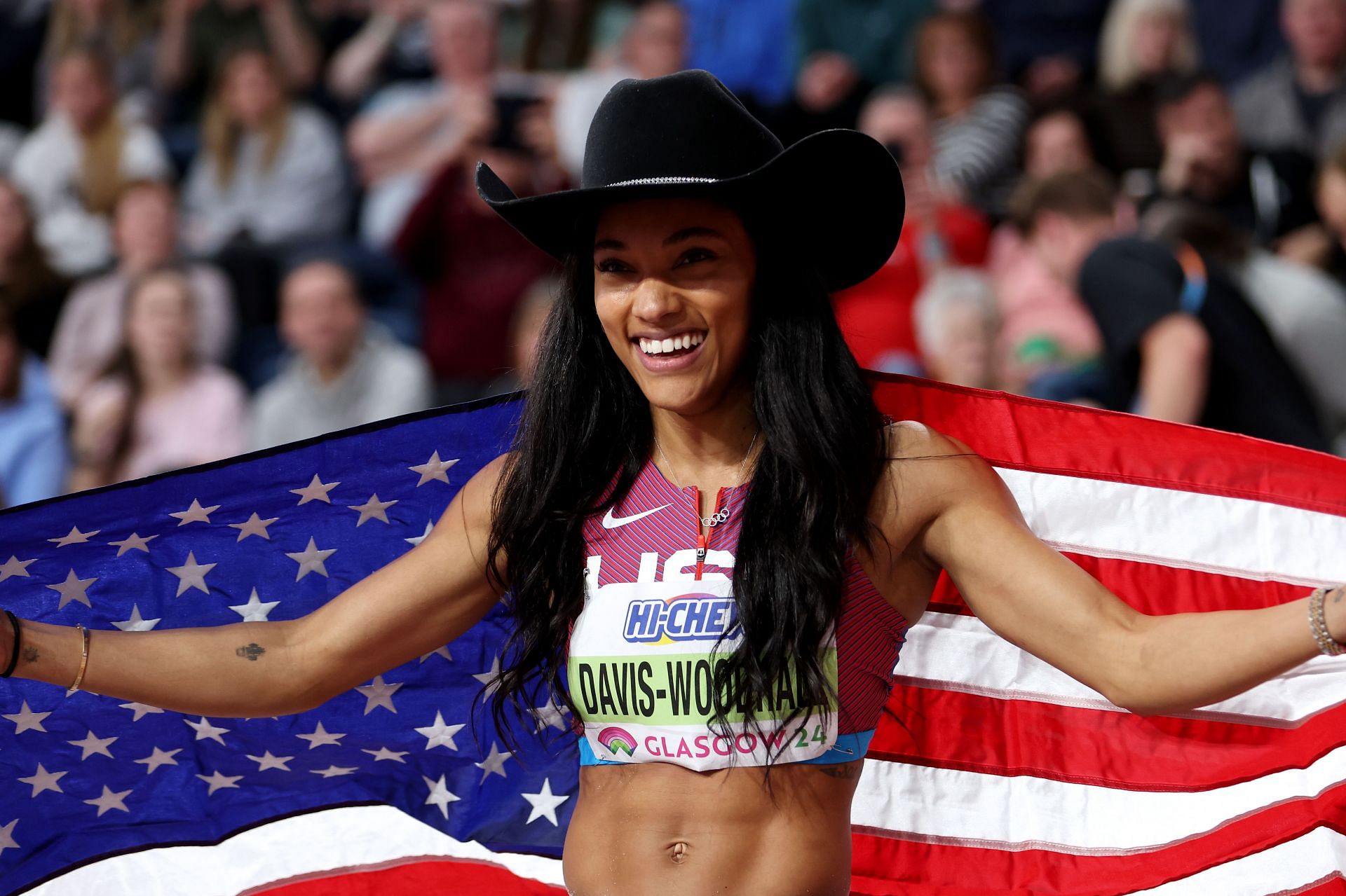 Tara Davis-Woodhall after winning in the Woman&#039;s Long Jump Final at the World Athletics Indoor Championships Glasgow 2024. (Photo by Michael Steele/Getty Images)