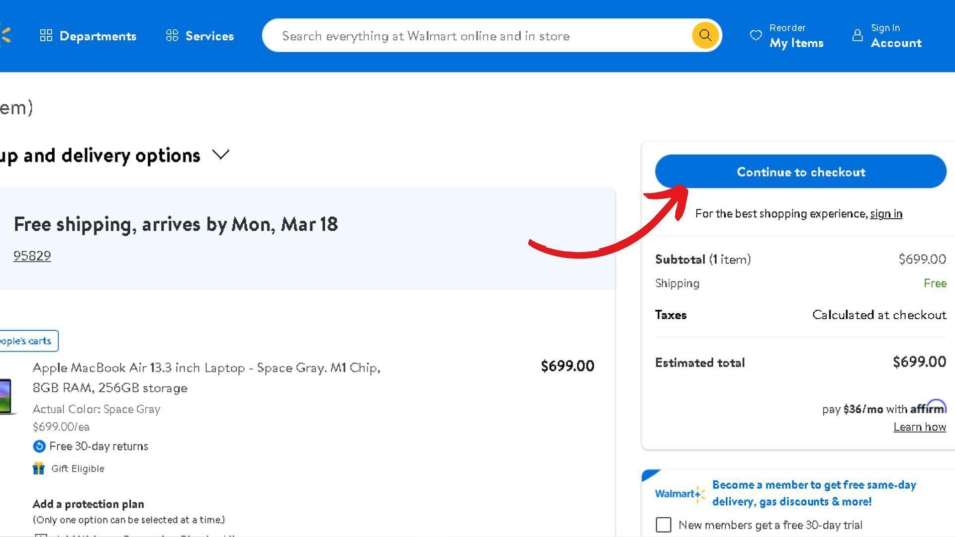 Checkout from the cart (Image via Walmart)