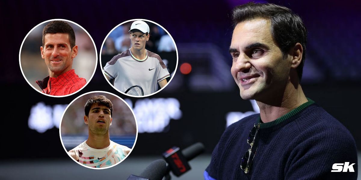 Roger Federer, Novak Djokovic (top left inset), Jannik Sinner (top right inset), and Carlos Alcaraz (bottom inset)