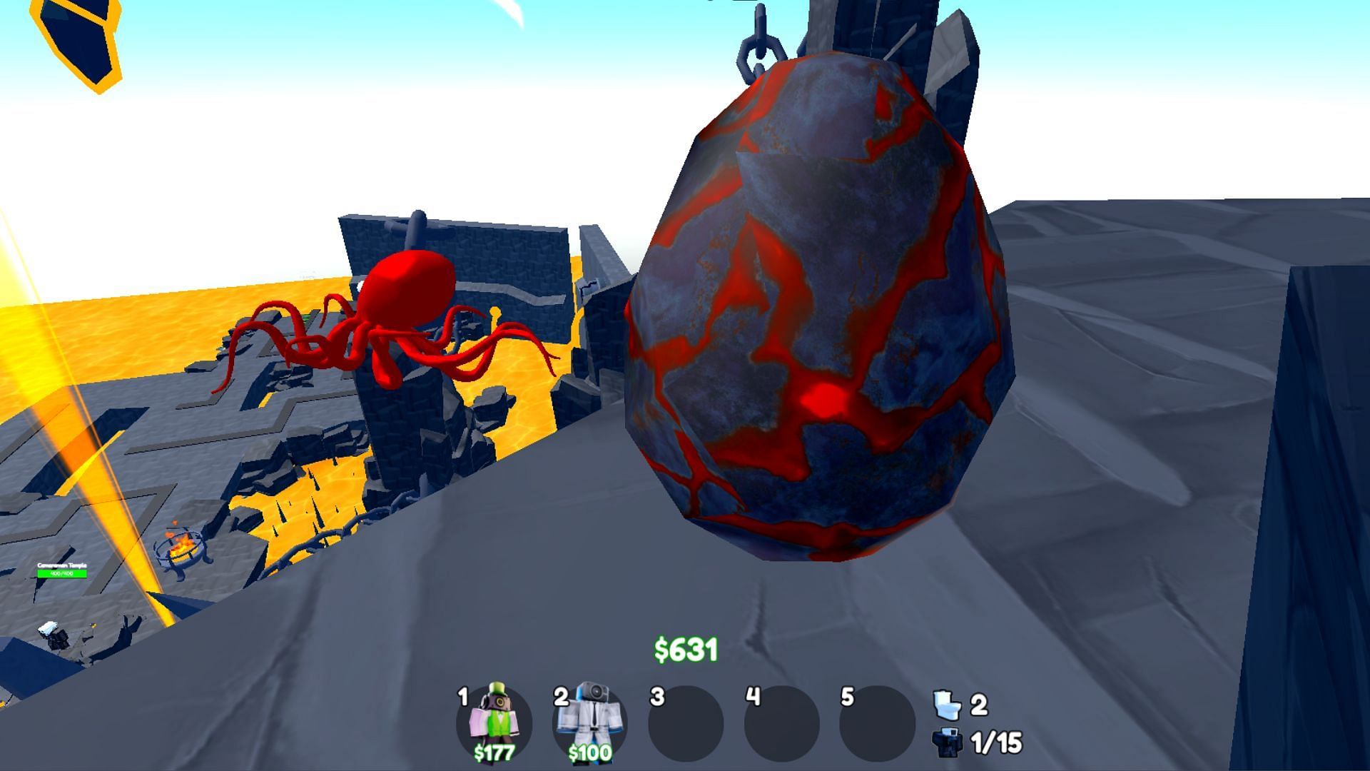 Magma Egg in TTD above the Camerman Temple (Image via Roblox||Sportskeeda)