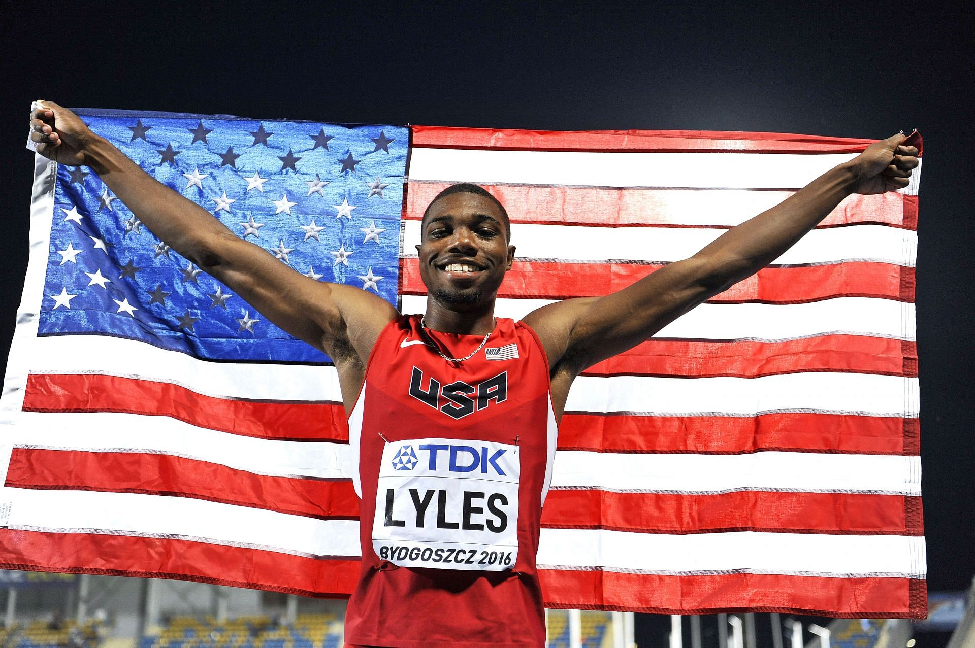 Noah Lyles from the USA celebrates victory in the Men&#039;s 100-meter final at the IAAF World U20 Championships 2016. (Photo by Adam Nurkiewicz/Getty Images)