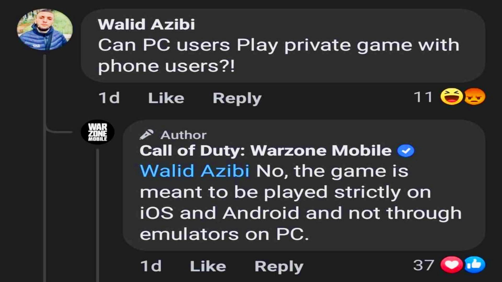 A screenshot stating that Warzone Mobile is not officially supported on emulators (Image via Facebook/Call of Duty)