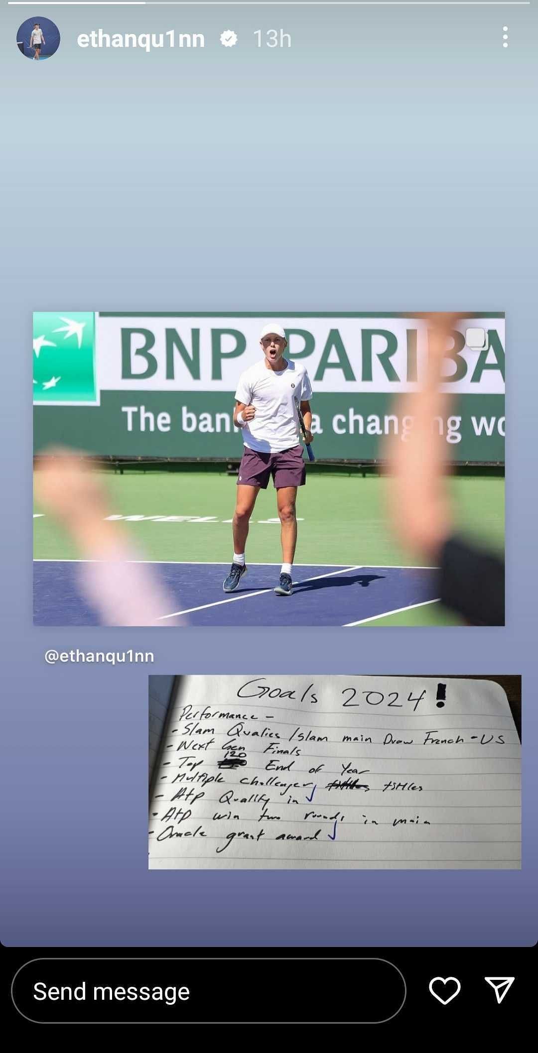 Ethan Quinn&#039;s Instagram post featuring a handwritten list of his 2024 goals