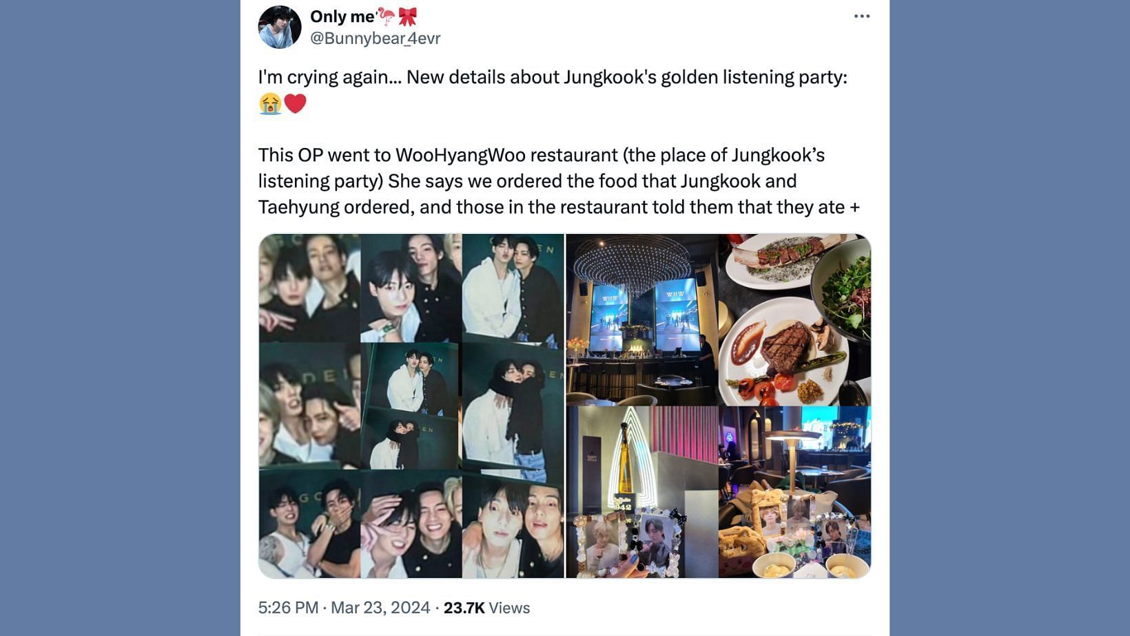 Fan shares exclusive details of Jungkook&#039;s GOLDEN Listening Party. (Image via X/@Bunnybear_4evr)